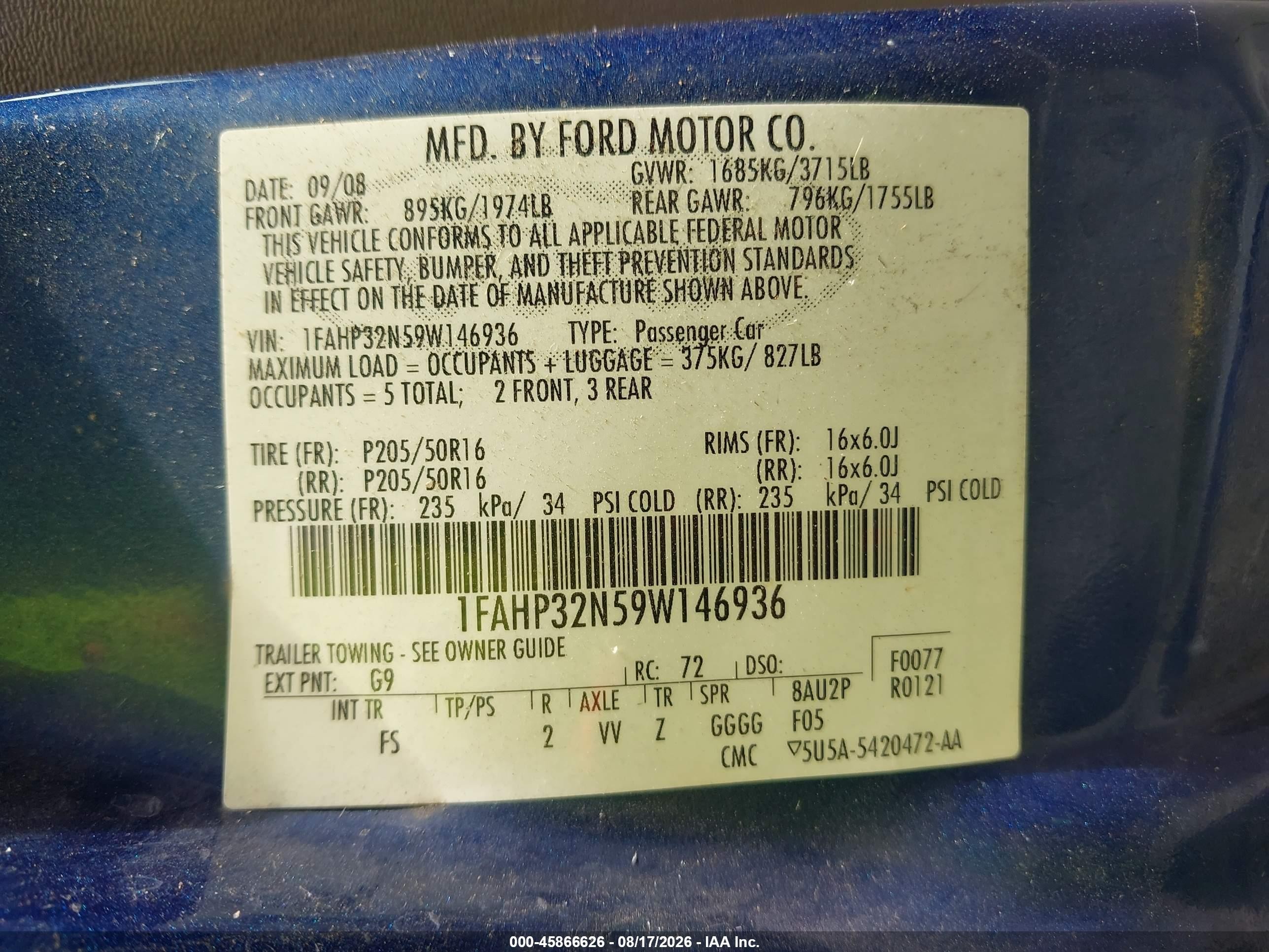 2009 Ford Focus Se Blue vin: 1FAHP32N59W146936