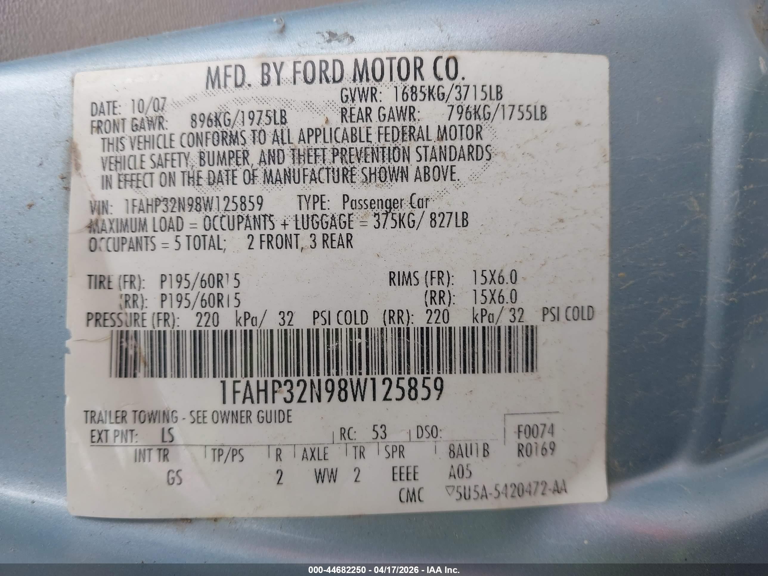 2008 Ford Focus S Light Blue vin: 1FAHP32N98W125859