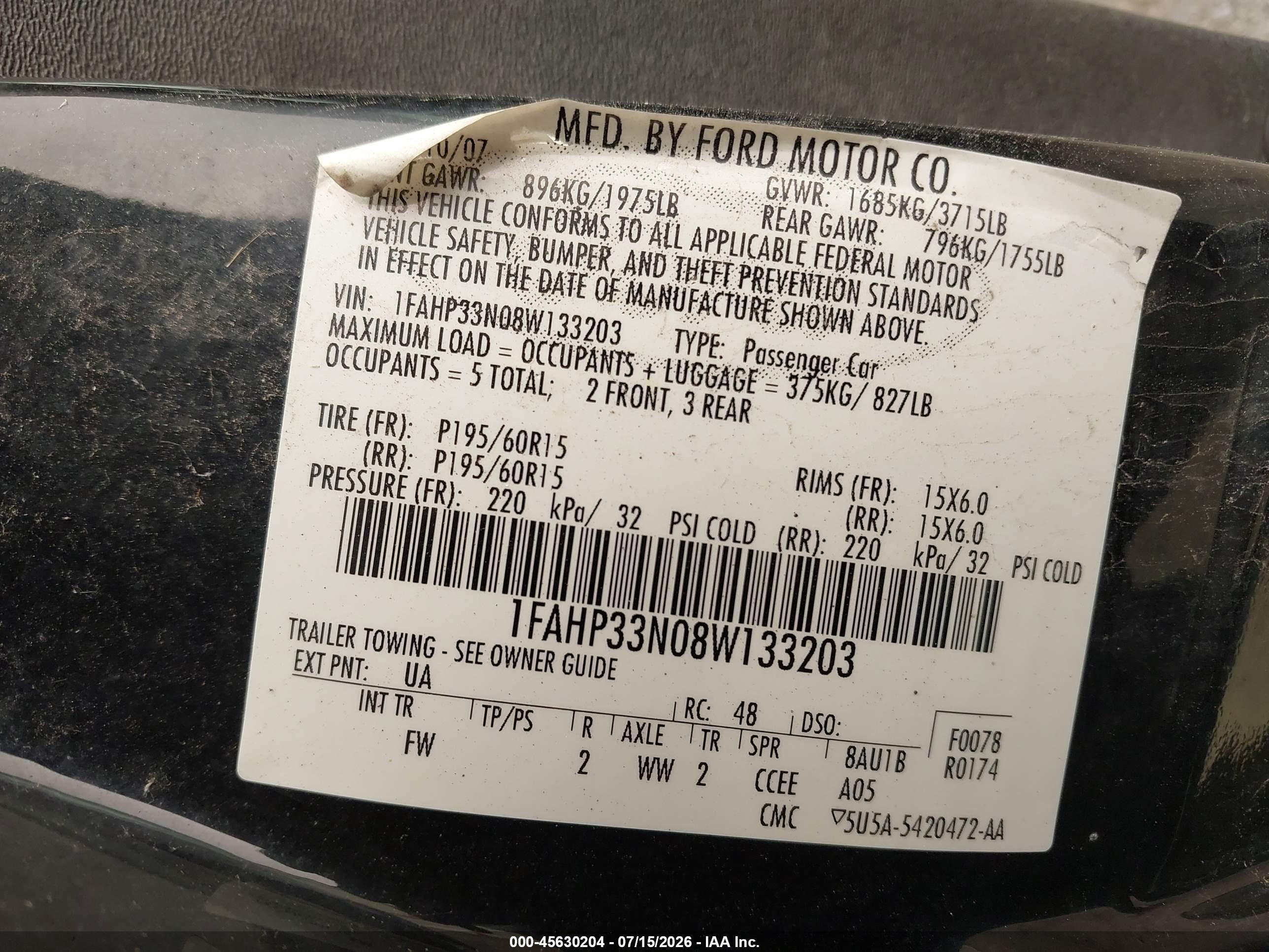 2008 Ford Focus Se/ses Black vin: 1FAHP33N08W133203