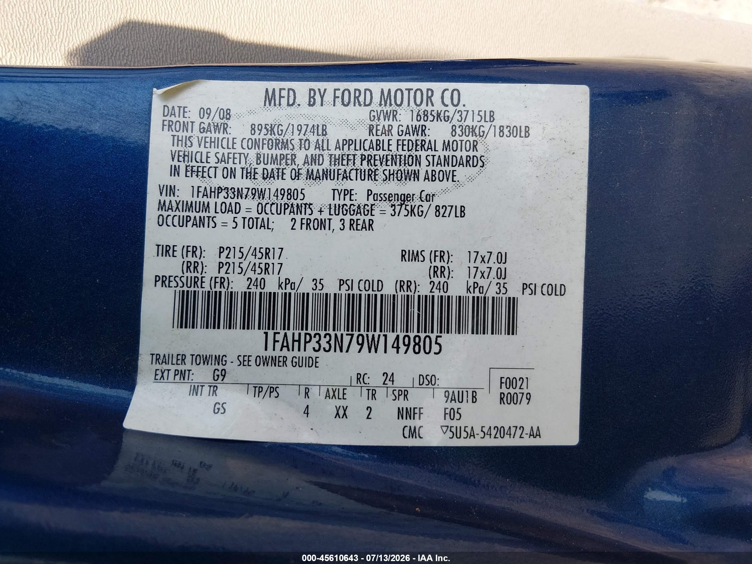 2009 Ford Focus Ses Blue vin: 1FAHP33N79W149805