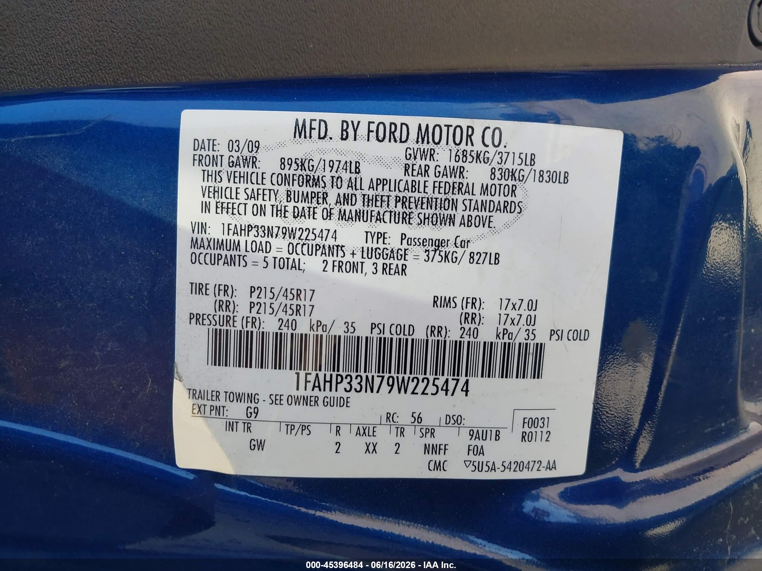 2009 Ford Focus Ses Blue vin: 1FAHP33N79W225474