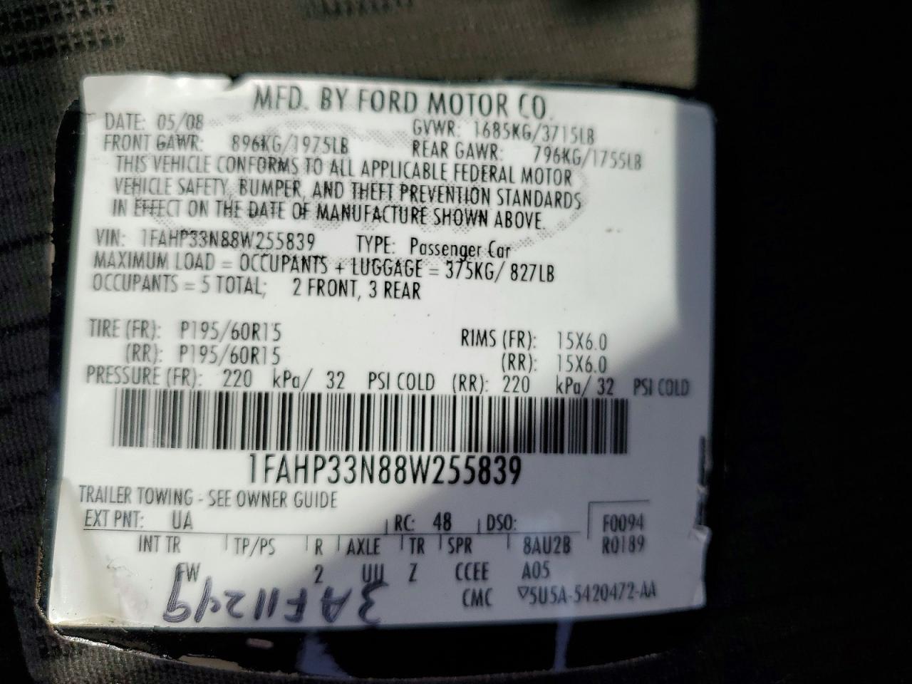 2008 Ford Focus Se Black vin: 1FAHP33N88W255839