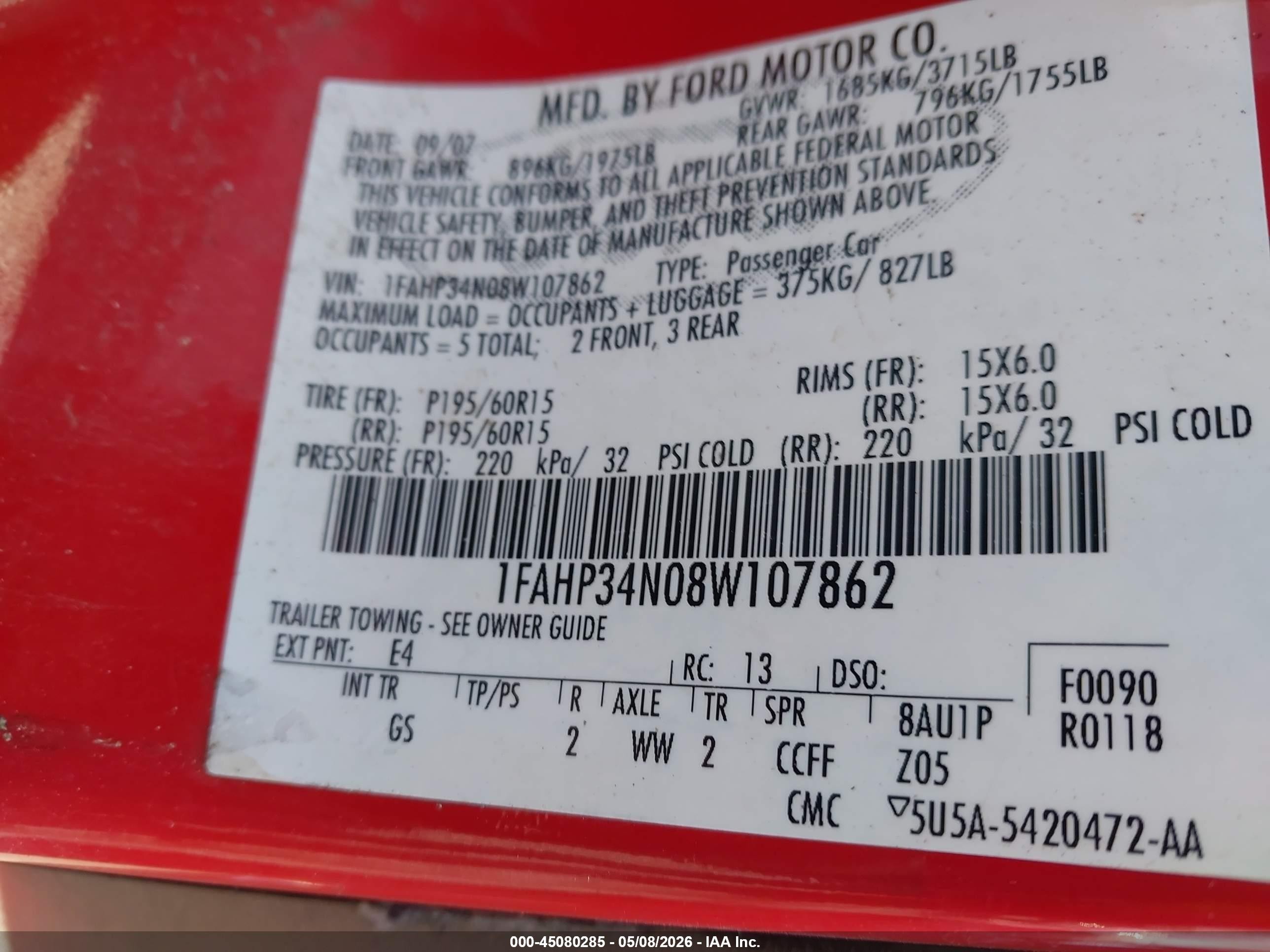 2008 Ford Focus S Red vin: 1FAHP34N08W107862