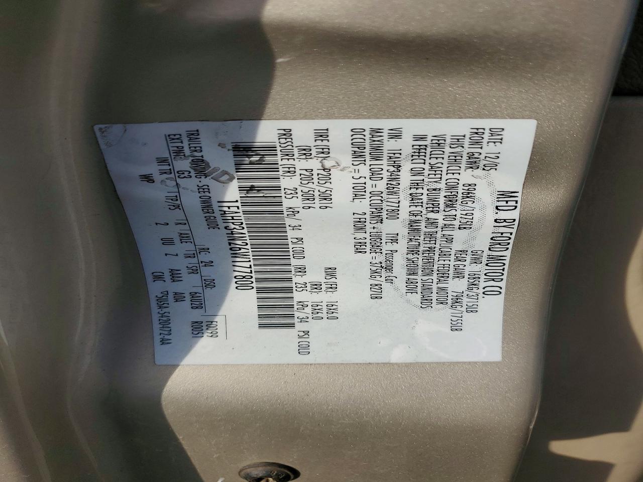 2006 Ford Focus Zx4 Бежевый vin: 1FAHP34N26W177800
