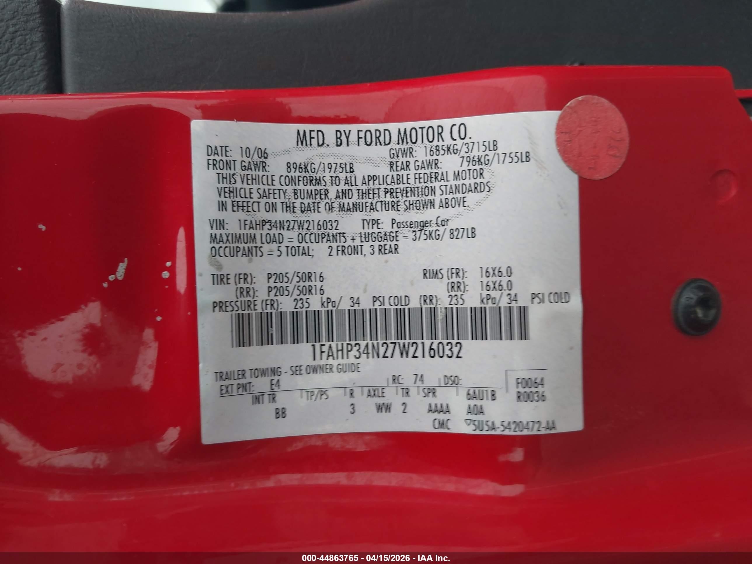 2007 Ford Focus S/se/ses Red vin: 1FAHP34N27W216032
