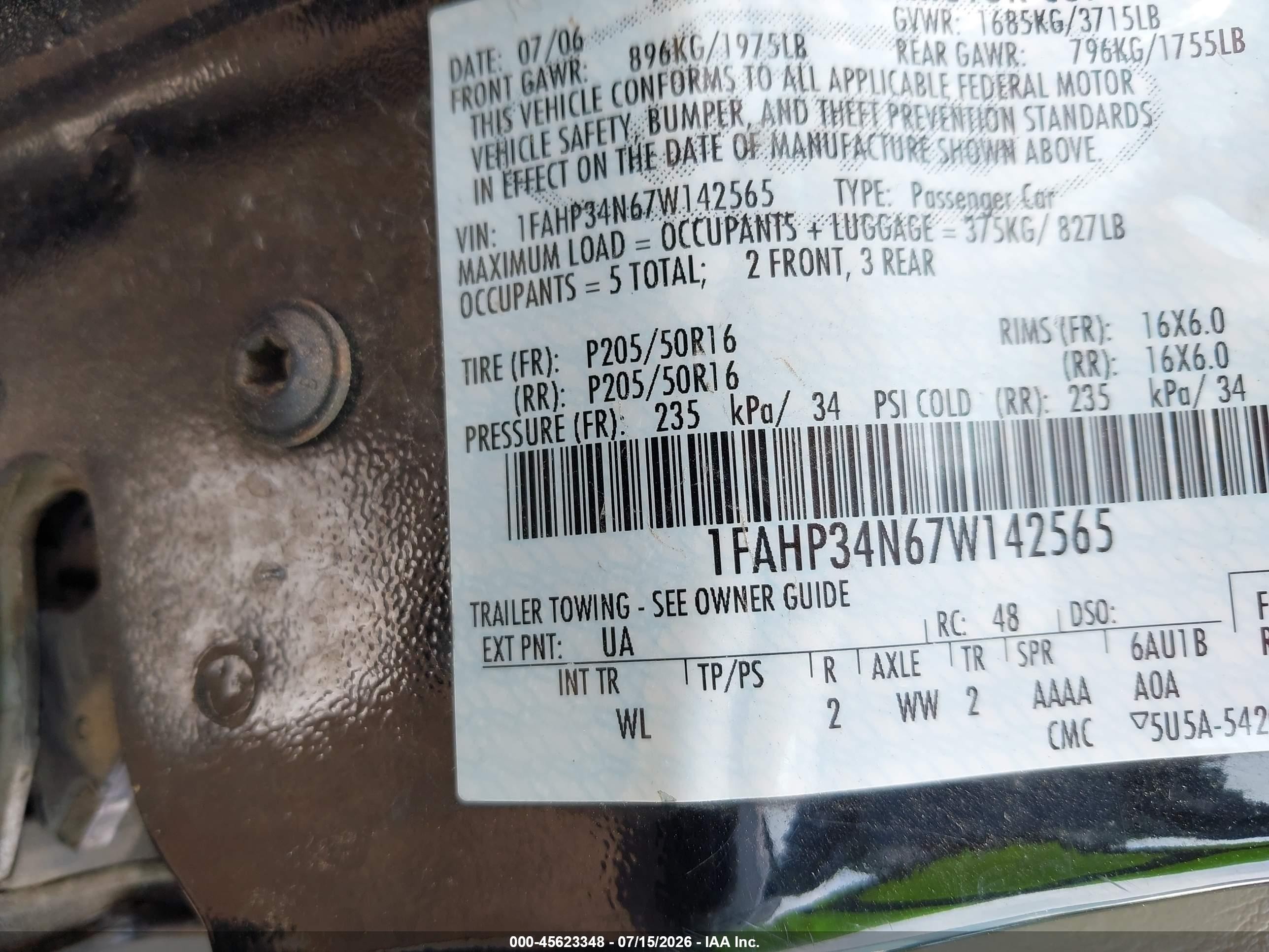 2007 Ford Focus S/se/ses Black vin: 1FAHP34N67W142565