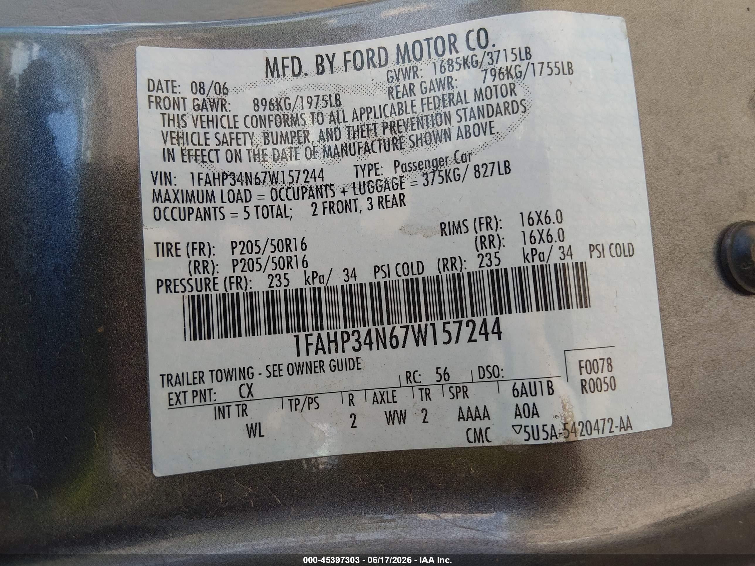 2007 Ford Focus S/se/ses Gray vin: 1FAHP34N67W157244