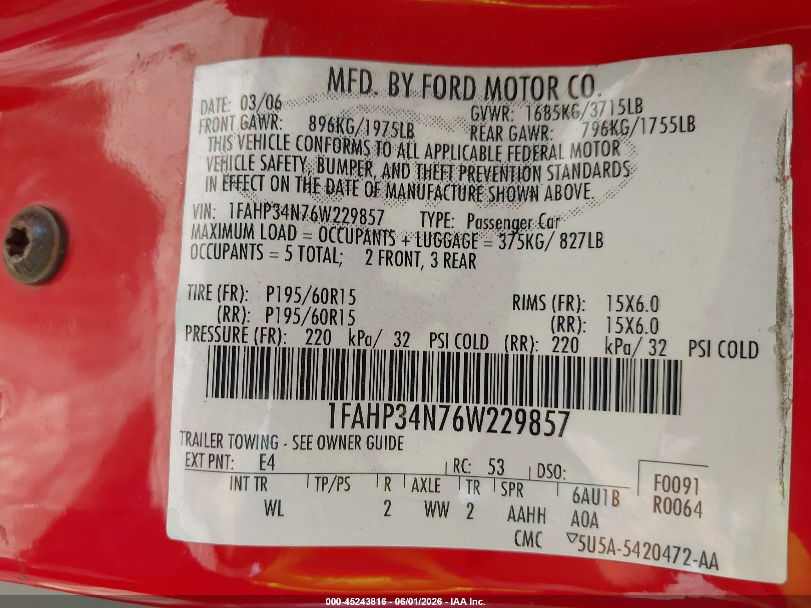 2006 Ford Focus Zx4 Red vin: 1FAHP34N76W229857