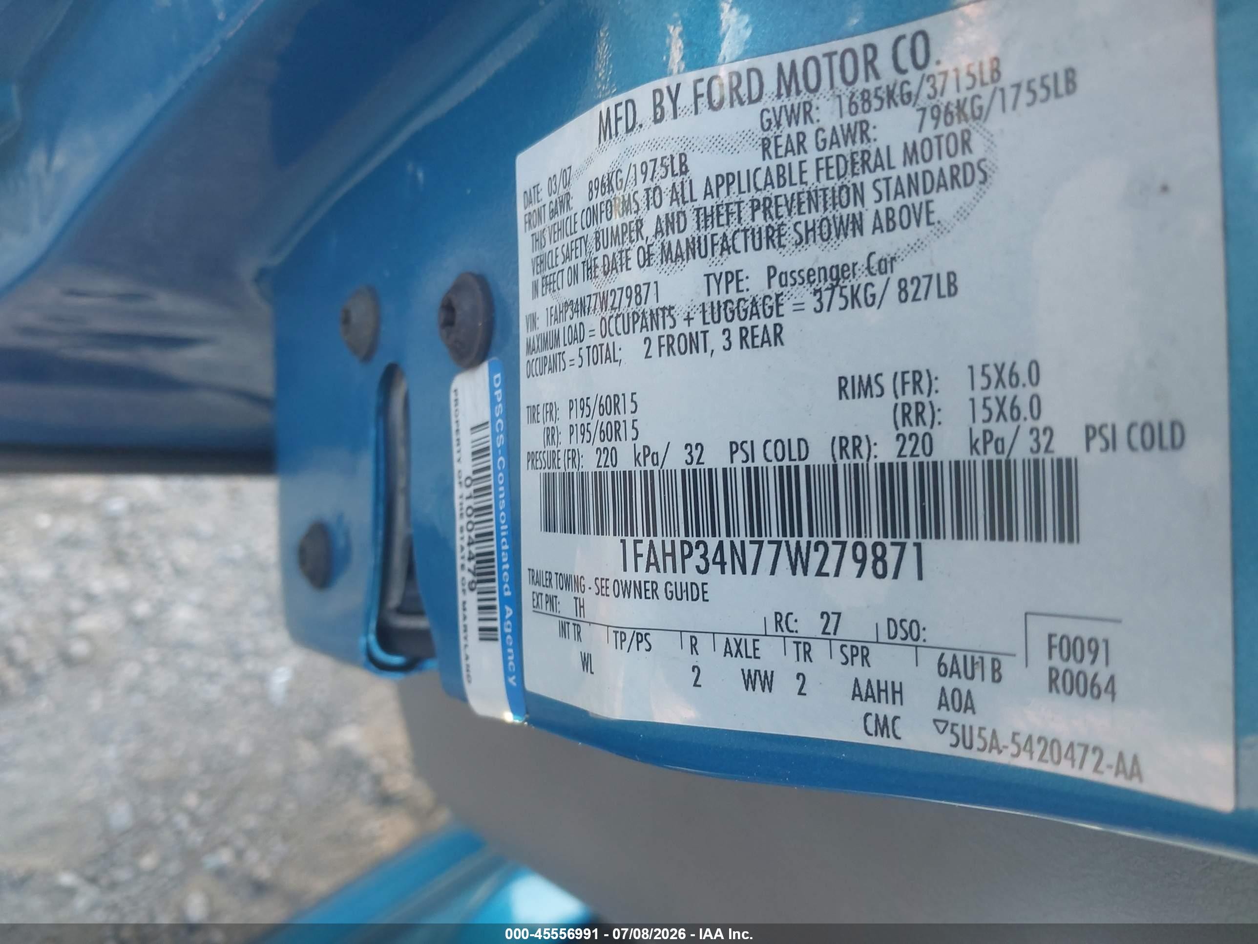 2007 Ford Focus S/se/ses Blue vin: 1FAHP34N77W279871