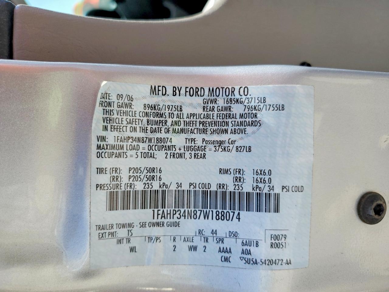 2007 Ford Focus Zx4 Silver vin: 1FAHP34N87W188074