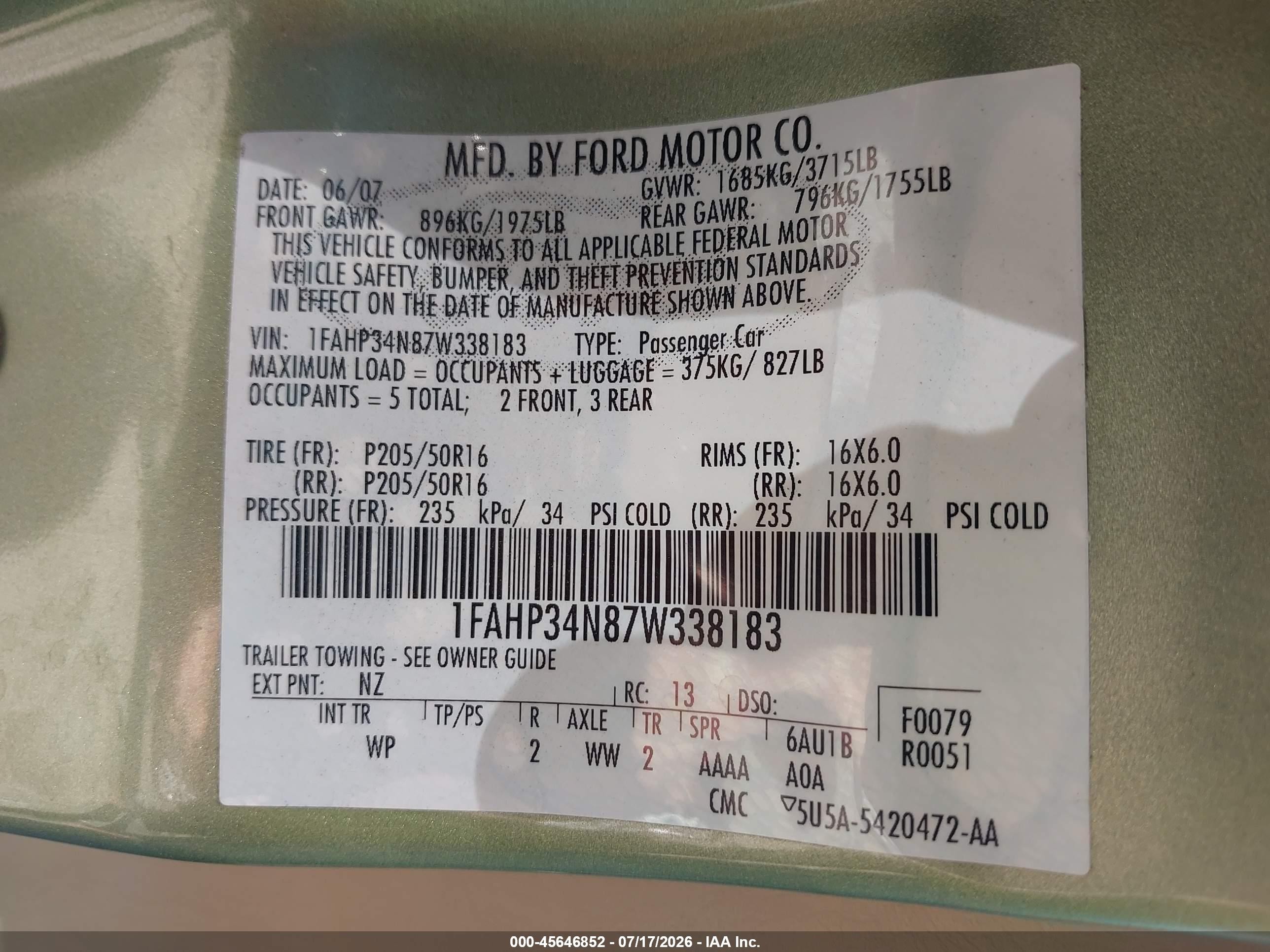 2007 Ford Focus S/se/ses Green vin: 1FAHP34N87W338183