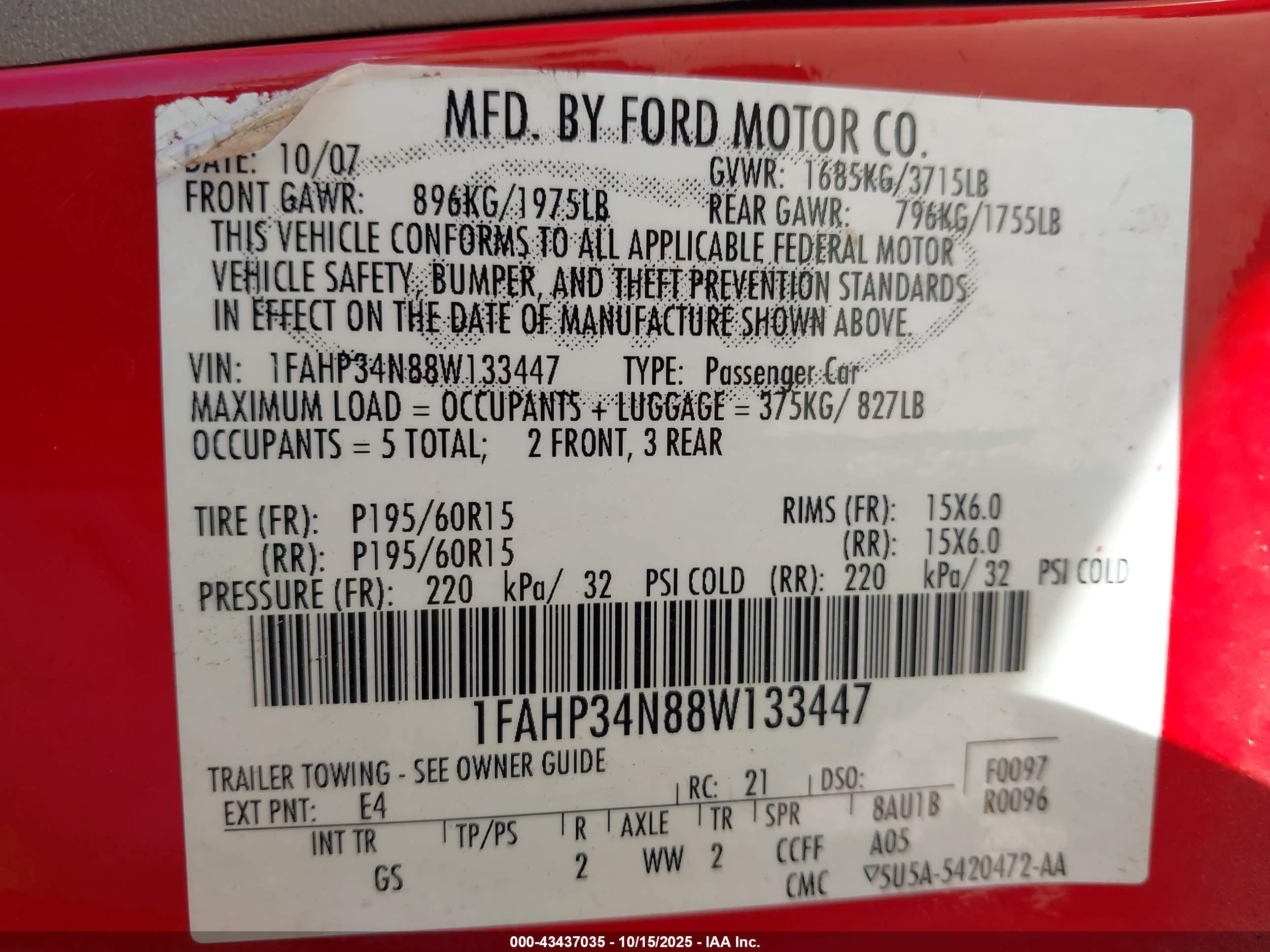 2008 Ford Focus S Red vin: 1FAHP34N88W133447