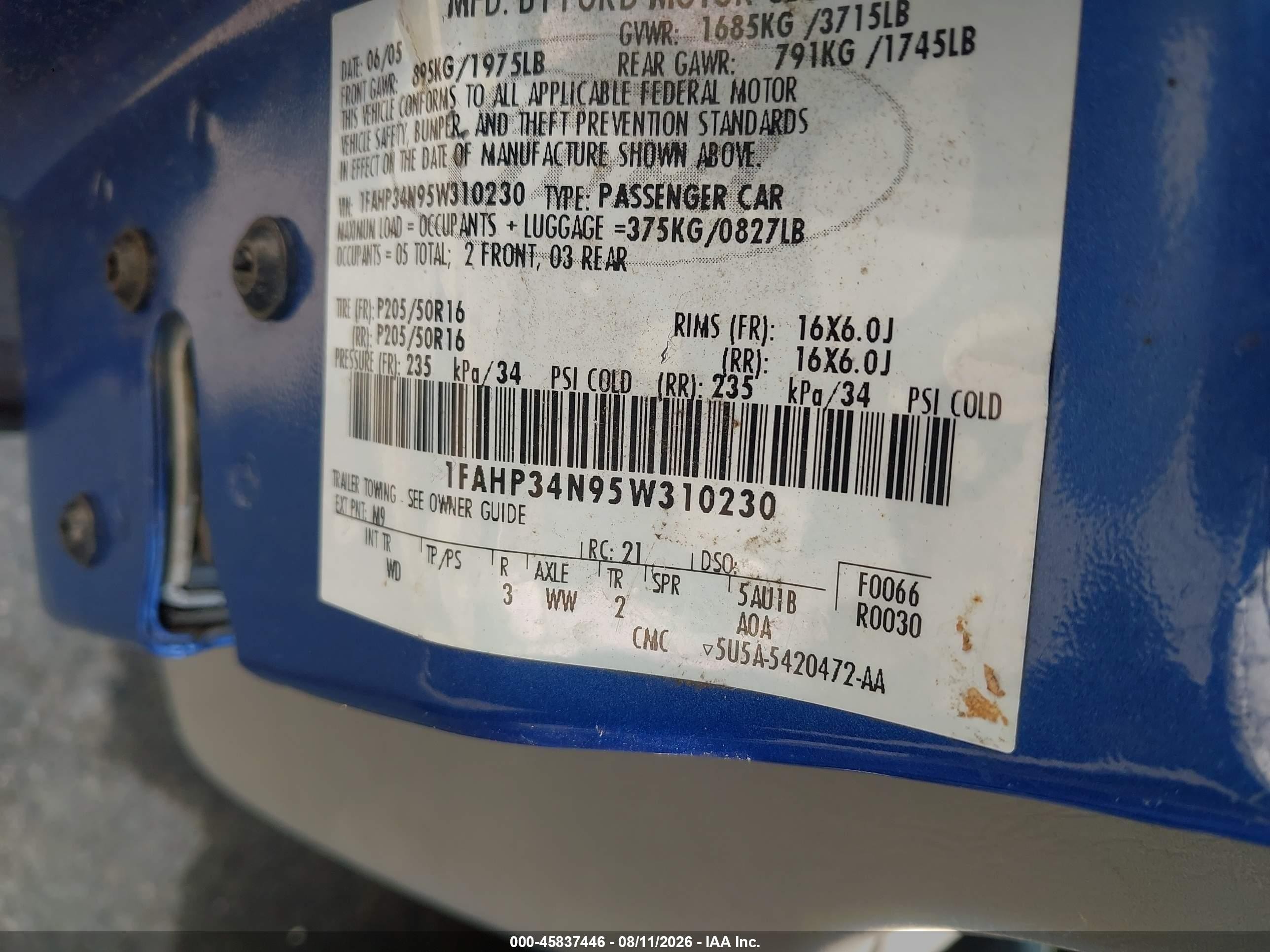 2005 Ford Focus Zx4 Blue vin: 1FAHP34N95W310230