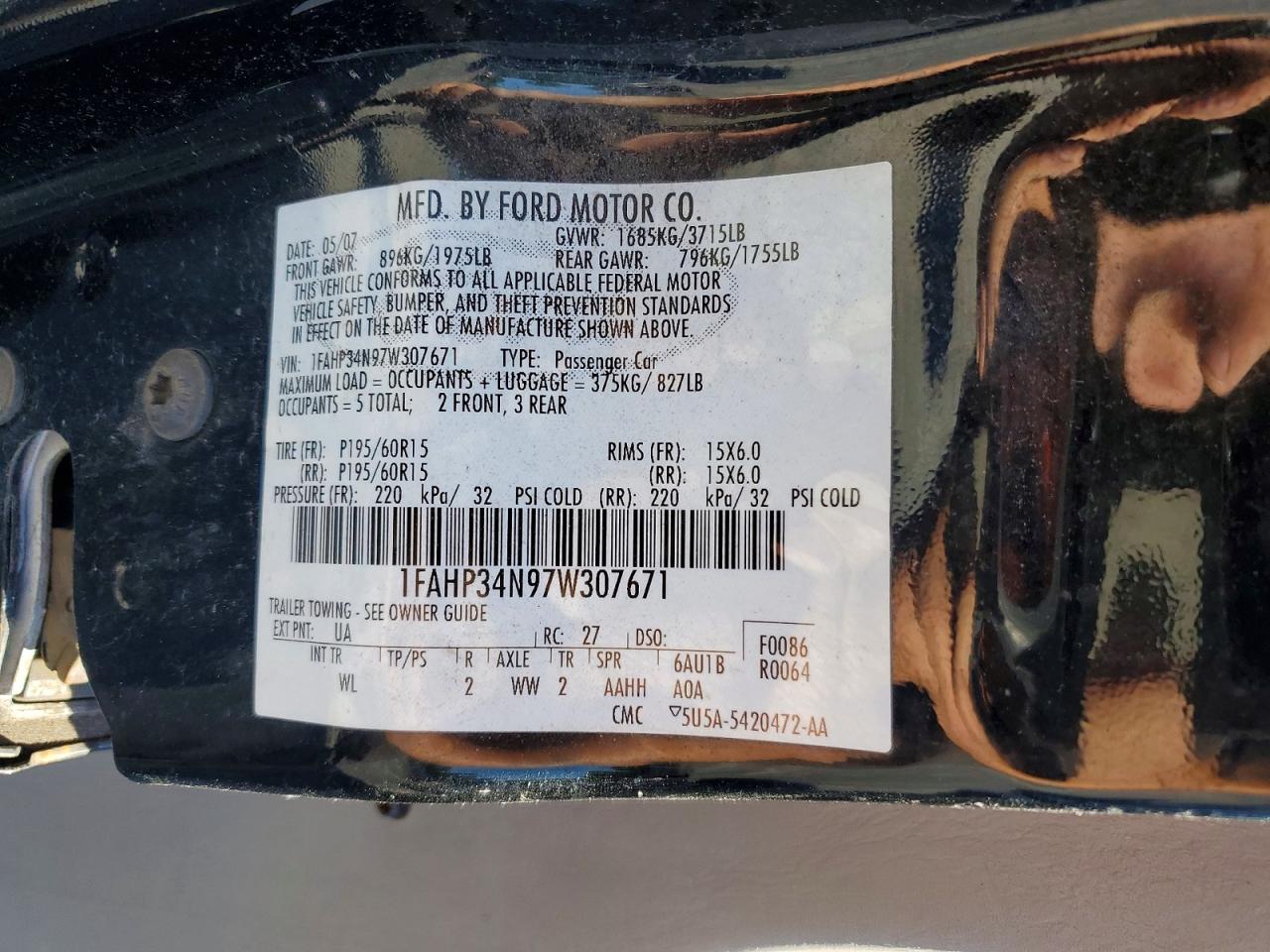 2007 Ford Focus Zx4 Black vin: 1FAHP34N97W307671