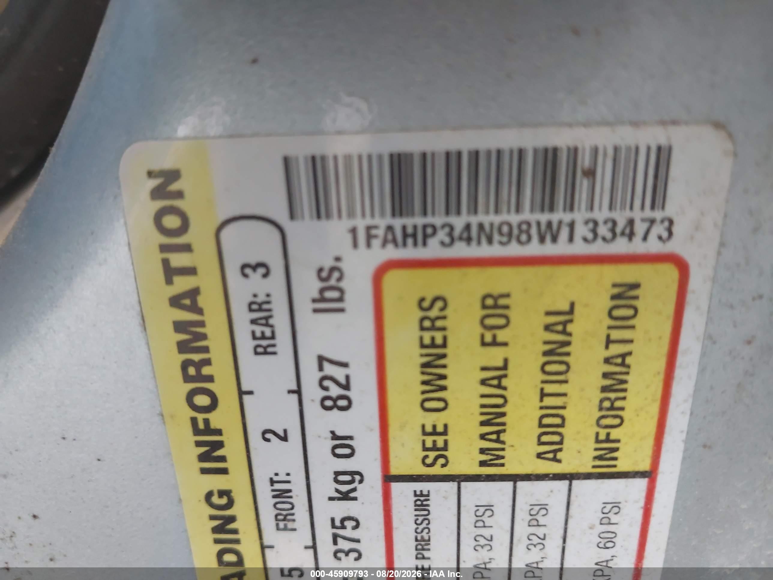 2008 Ford Focus S Light Blue vin: 1FAHP34N98W133473
