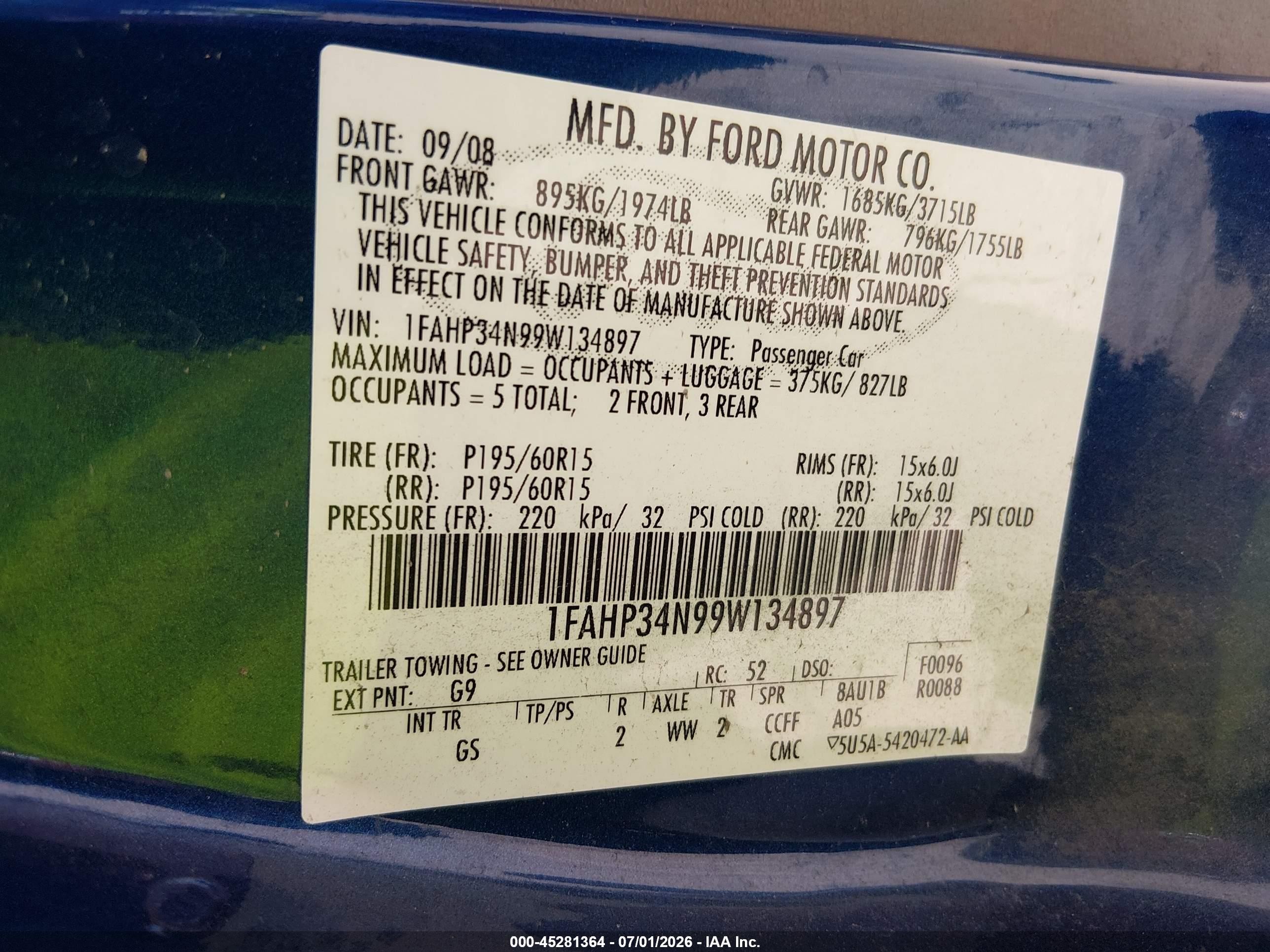 2009 Ford Focus S Blue vin: 1FAHP34N99W134897