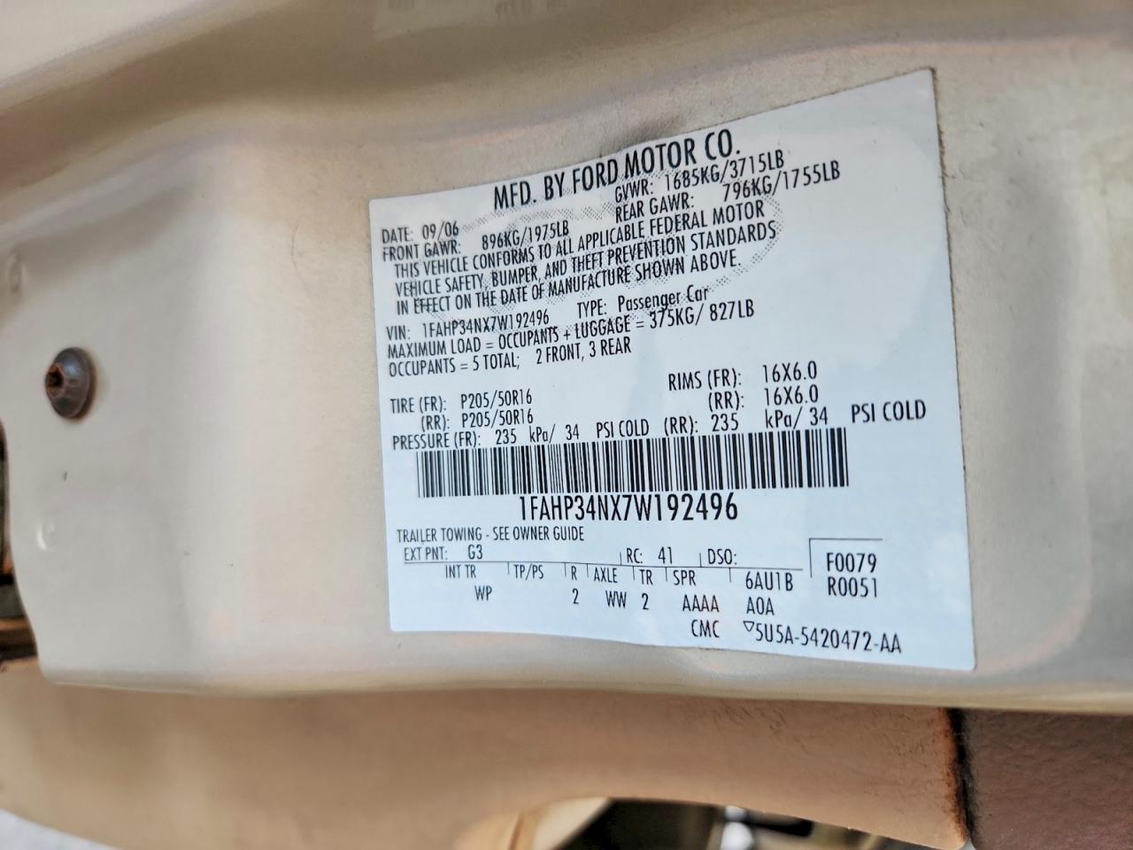2007 Ford Focus Zx4 Tan vin: 1FAHP34NX7W192496
