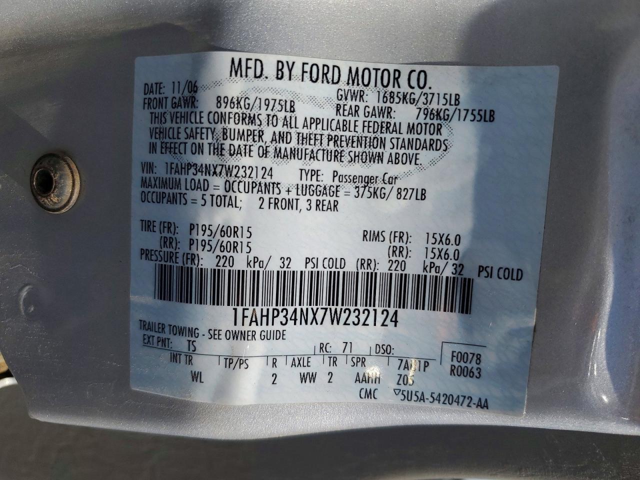 2007 Ford Focus Silver vin: 1FAHP34NX7W232124