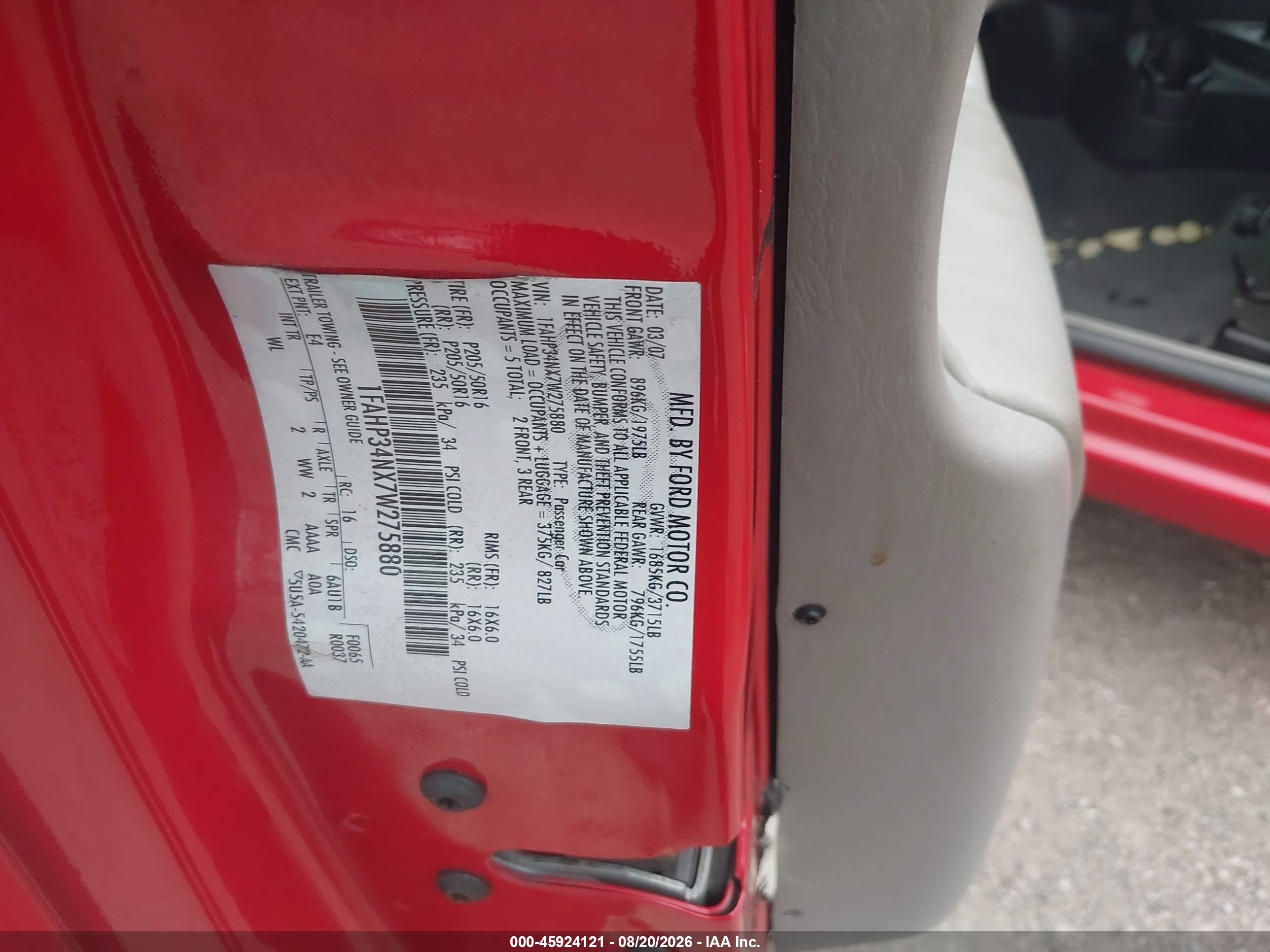 2007 Ford Focus S/se/ses Red vin: 1FAHP34NX7W275880