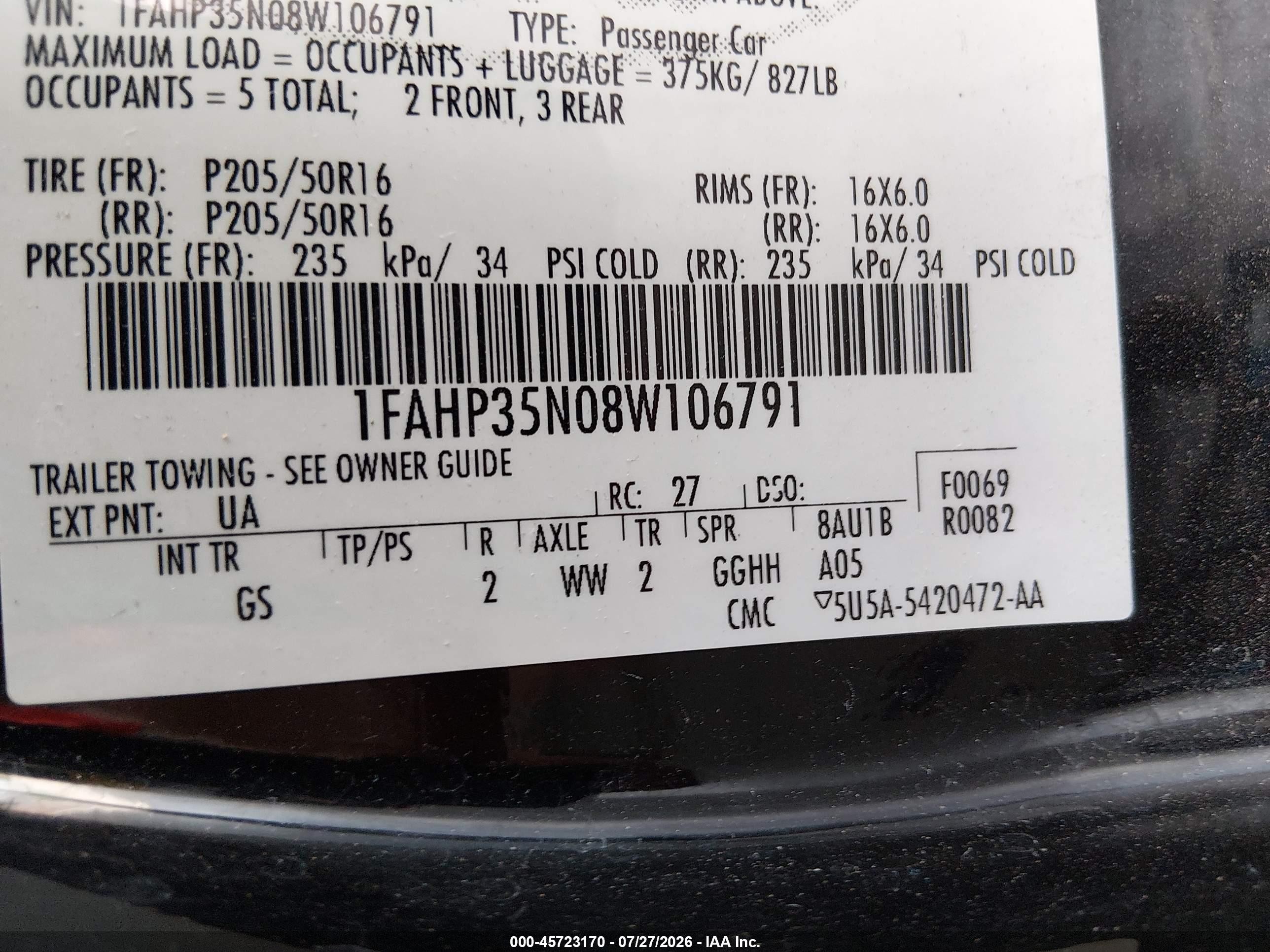 2008 Ford Focus Se/ses Black vin: 1FAHP35N08W106791