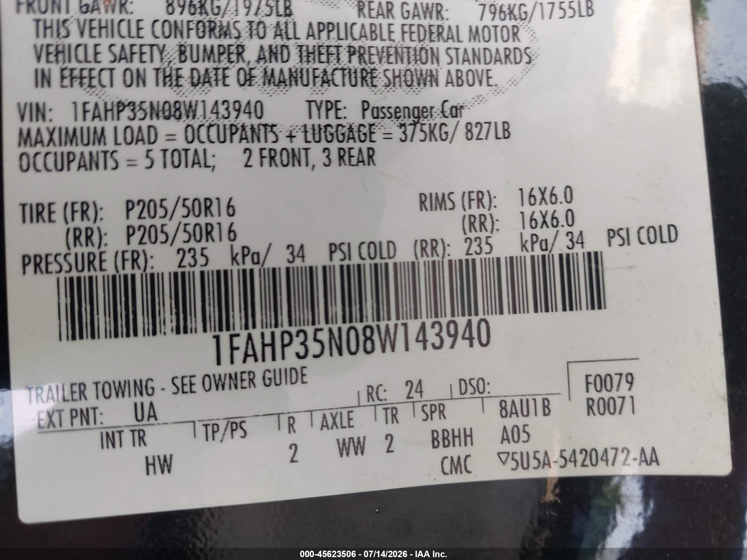 2008 Ford Focus Se/ses Black vin: 1FAHP35N08W143940