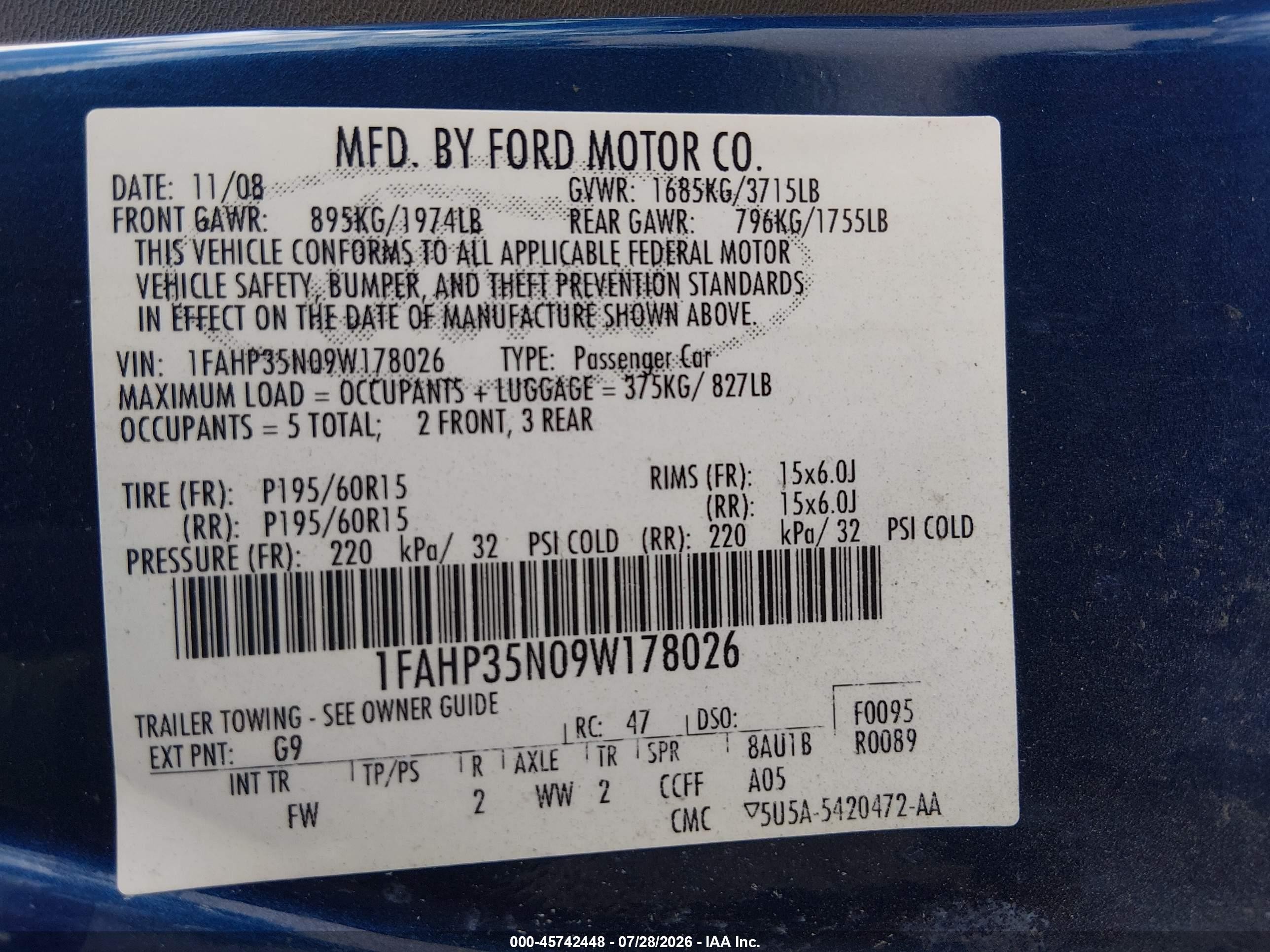 2009 Ford Focus Se Blue vin: 1FAHP35N09W178026