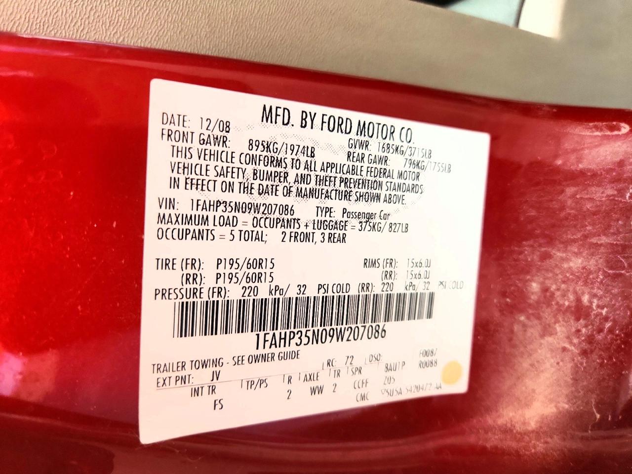 2009 Ford Focus Se Burgundy vin: 1FAHP35N09W207086