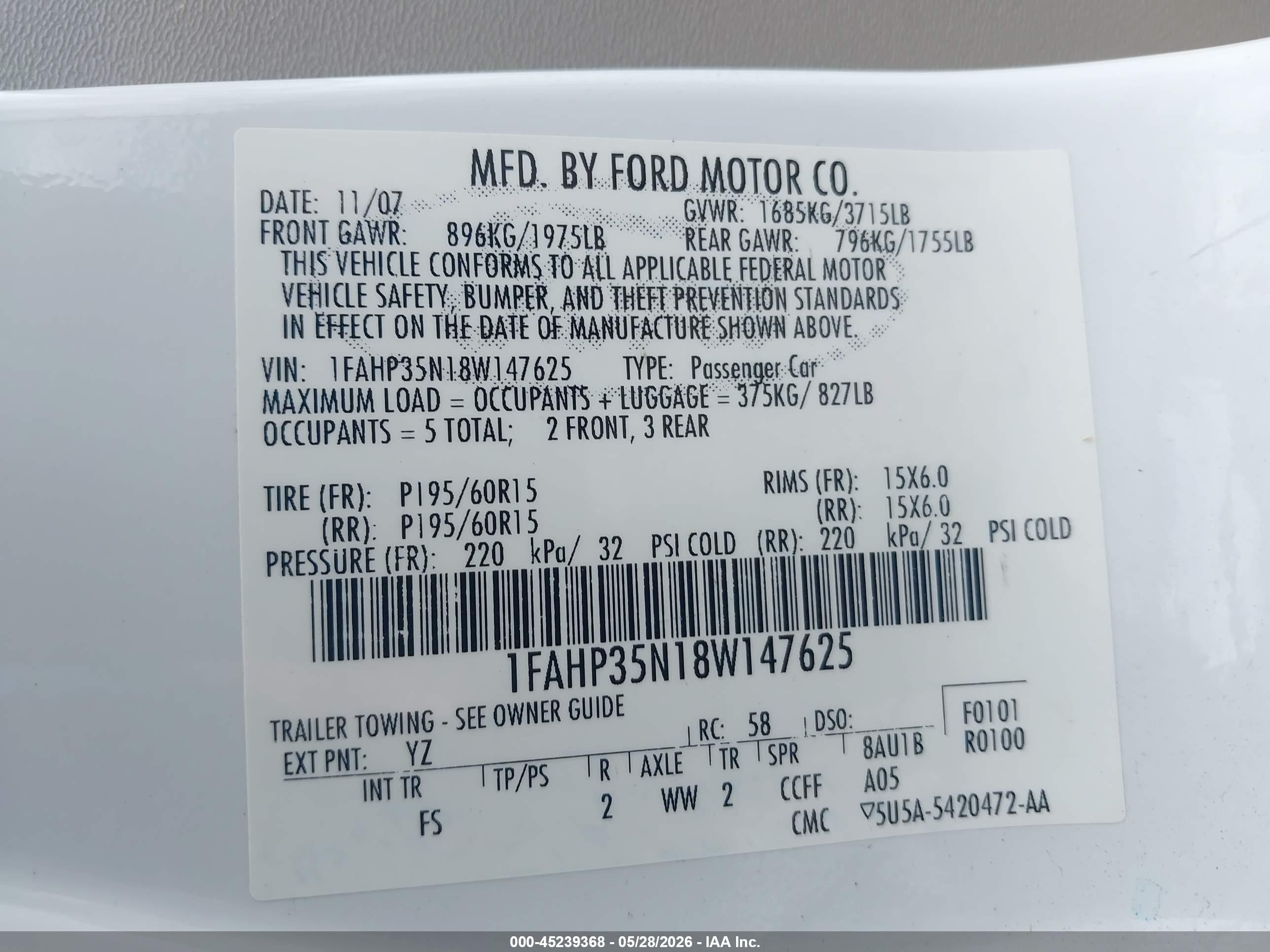 2008 Ford Focus Se/ses Белый vin: 1FAHP35N18W147625