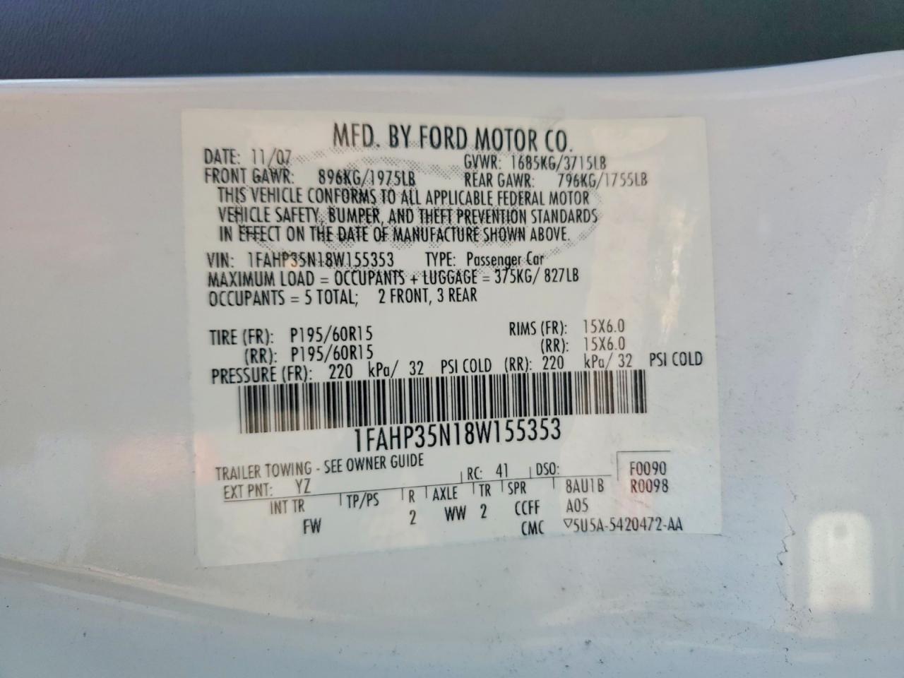 2008 Ford Focus Se Белый vin: 1FAHP35N18W155353