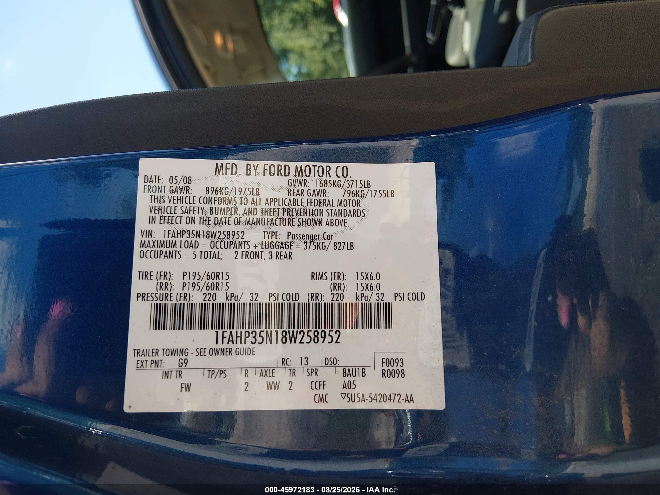 2008 Ford Focus Se/ses Синий vin: 1FAHP35N18W258952