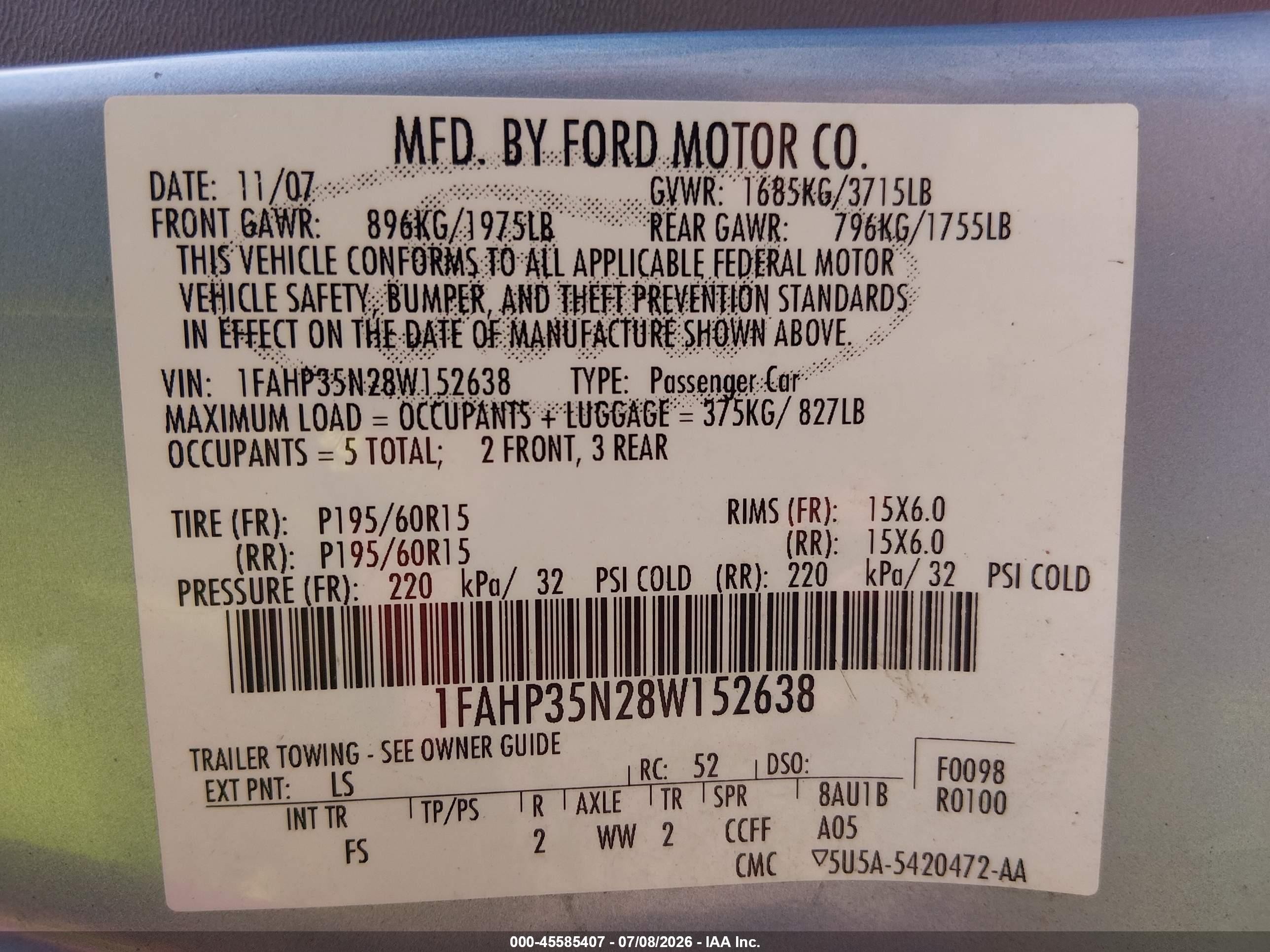 2008 Ford Focus Se/ses Light Blue vin: 1FAHP35N28W152638