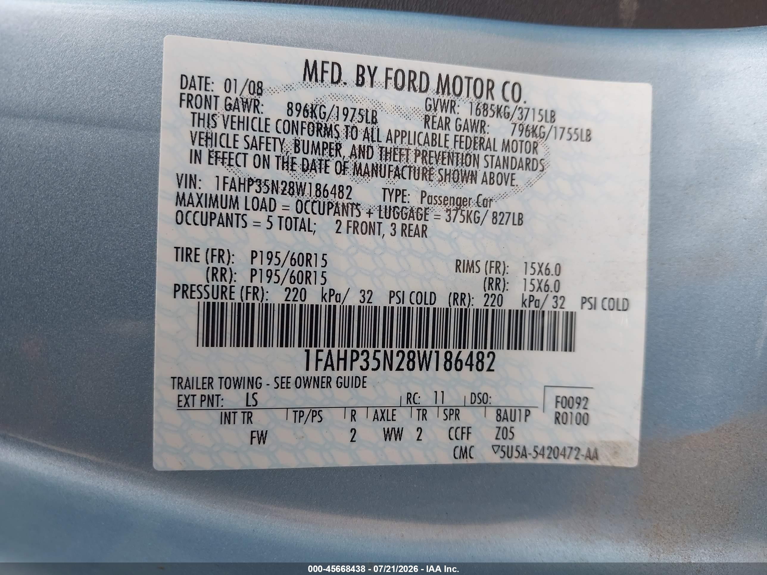 2008 Ford Focus Se/ses Blue vin: 1FAHP35N28W186482