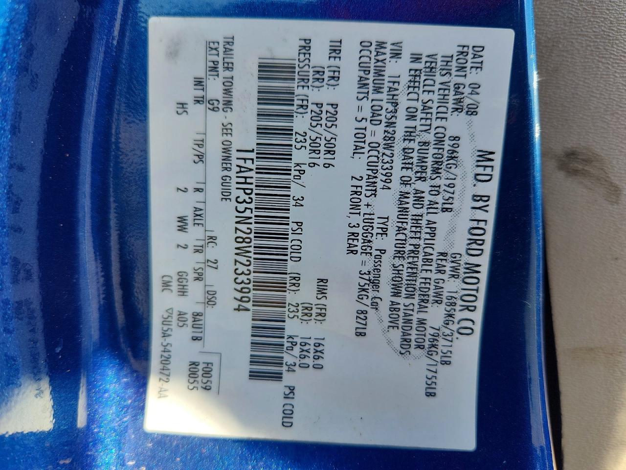 2008 Ford Focus Se Blue vin: 1FAHP35N28W233994