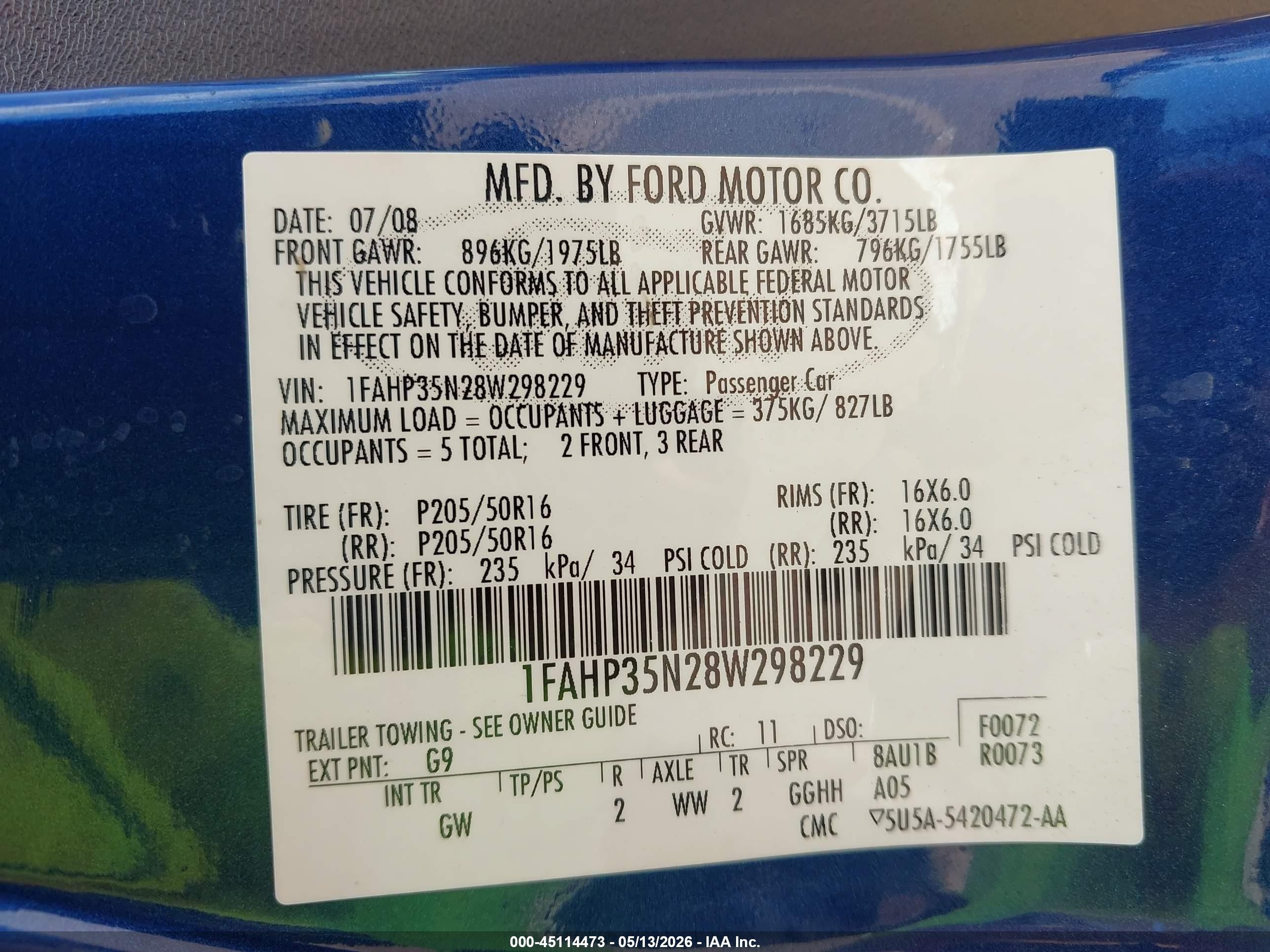 2008 Ford Focus Se/ses Blue vin: 1FAHP35N28W298229