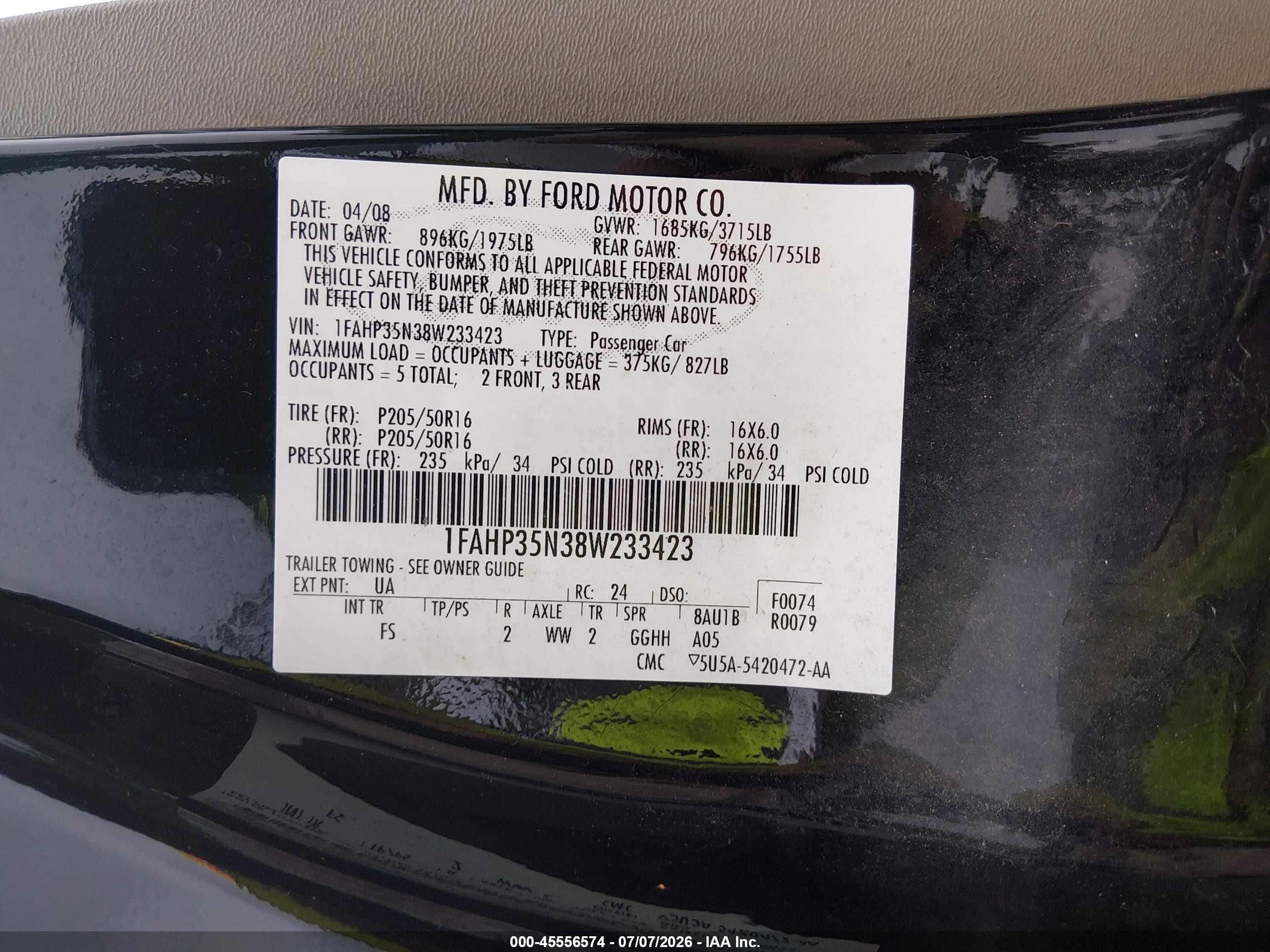 2008 Ford Focus Se/ses Black vin: 1FAHP35N38W233423