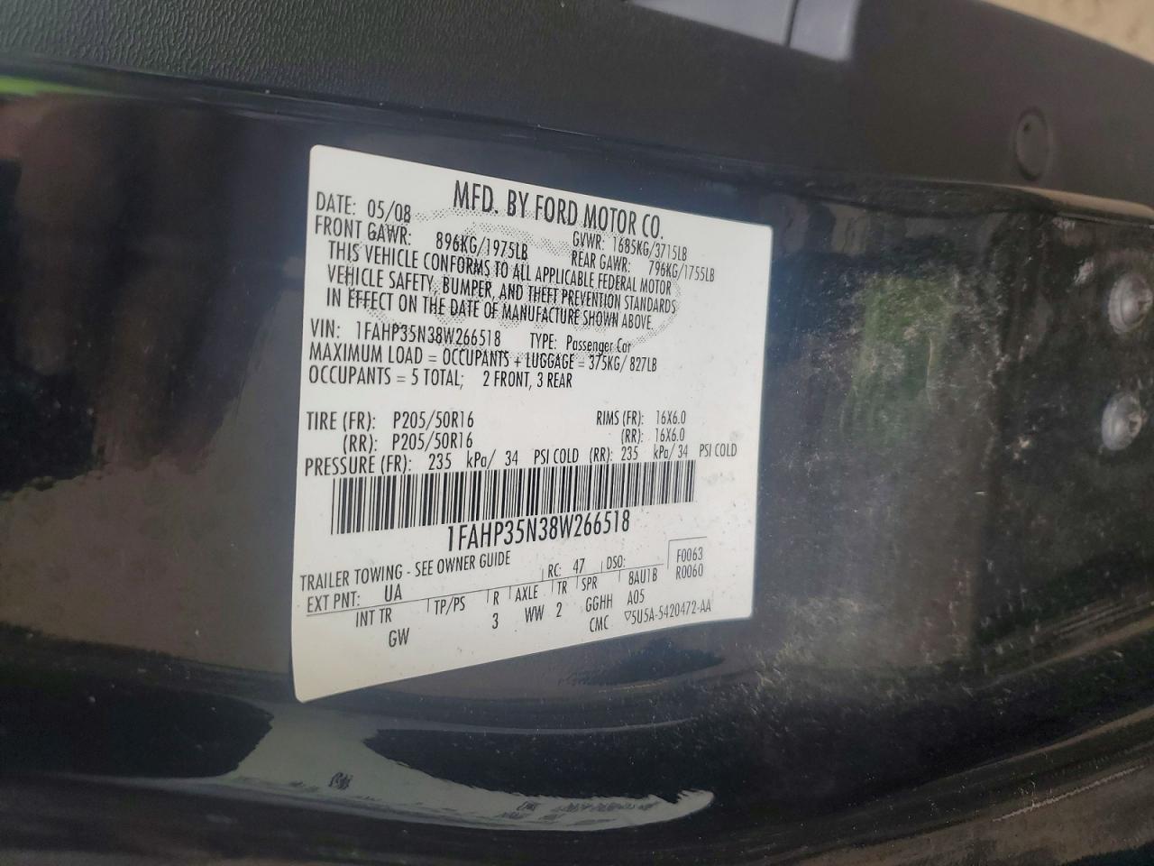 2008 Ford Focus Se Black vin: 1FAHP35N38W266518