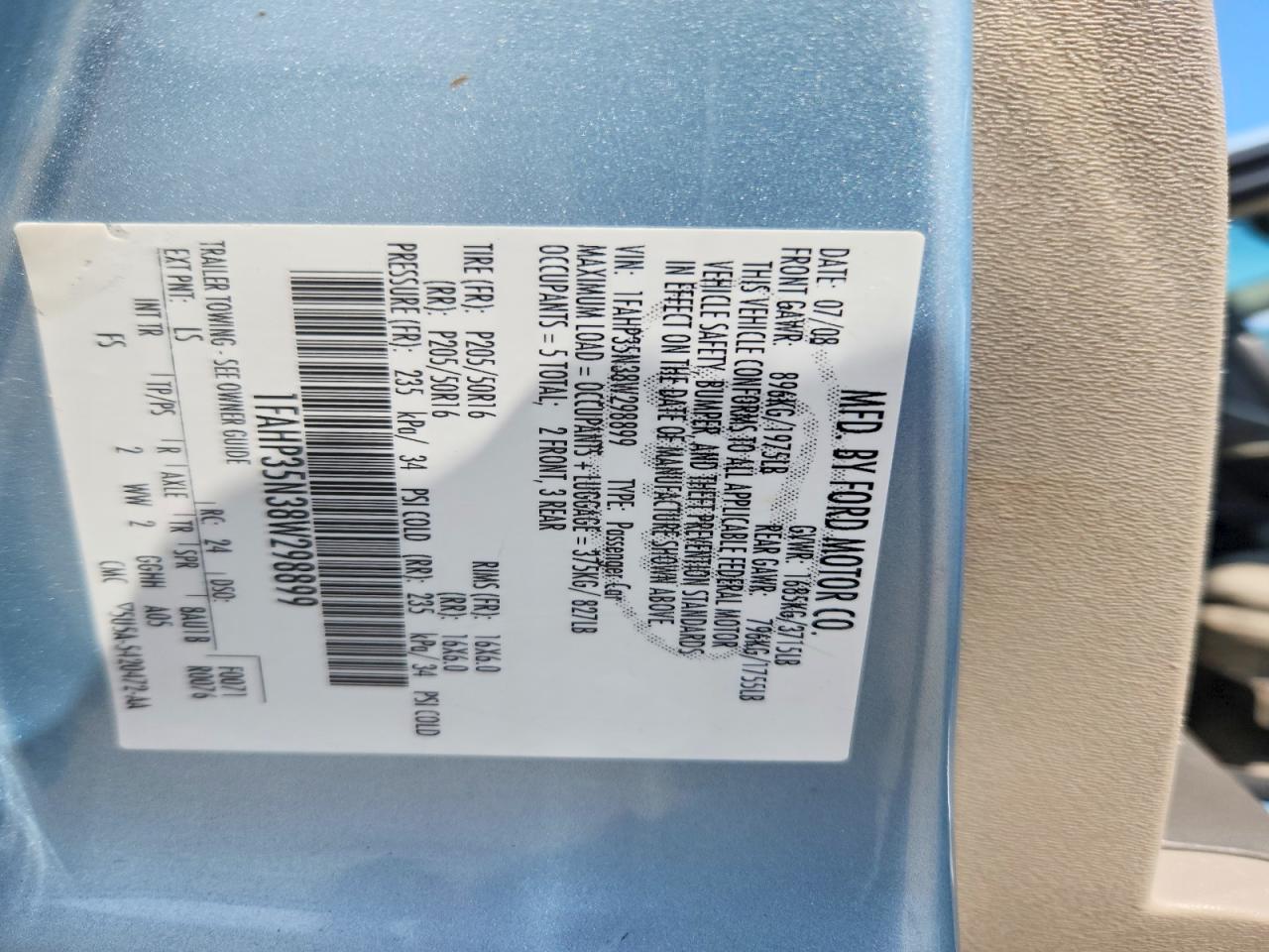 2008 Ford Focus Se Blue vin: 1FAHP35N38W298899