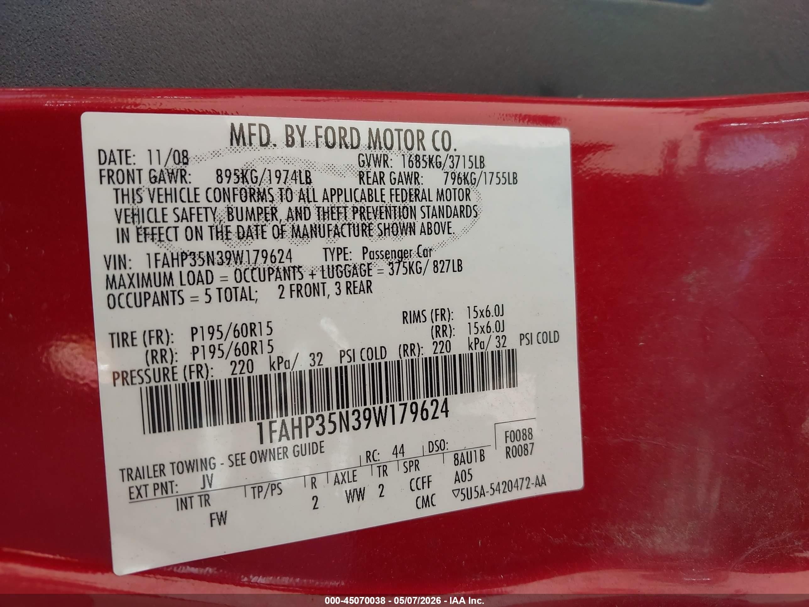 2009 Ford Focus Se Red vin: 1FAHP35N39W179624