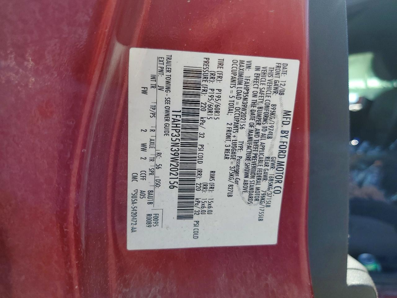2009 Ford Focus Se Red vin: 1FAHP35N39W202156