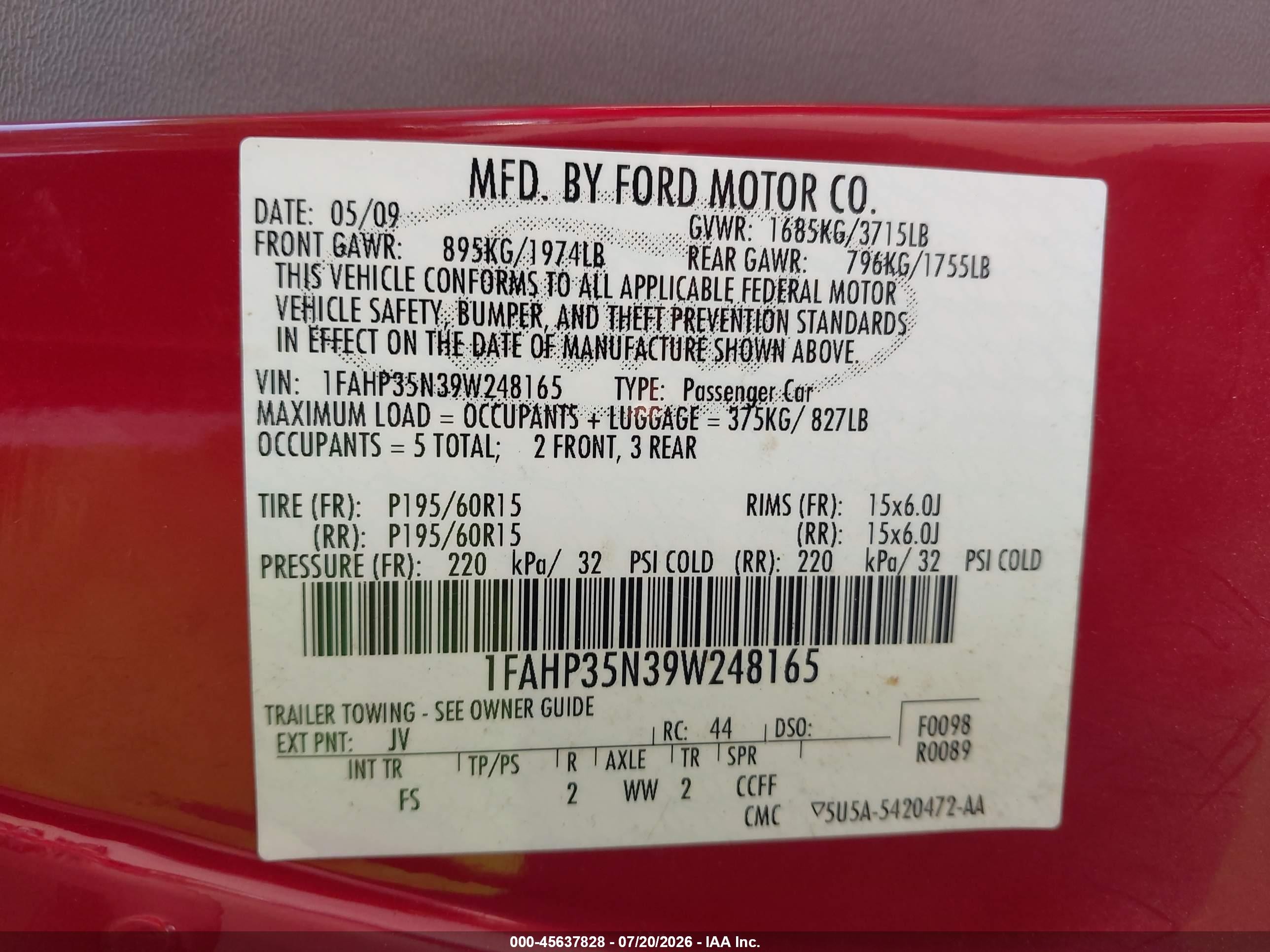 2009 Ford Focus Se Red vin: 1FAHP35N39W248165