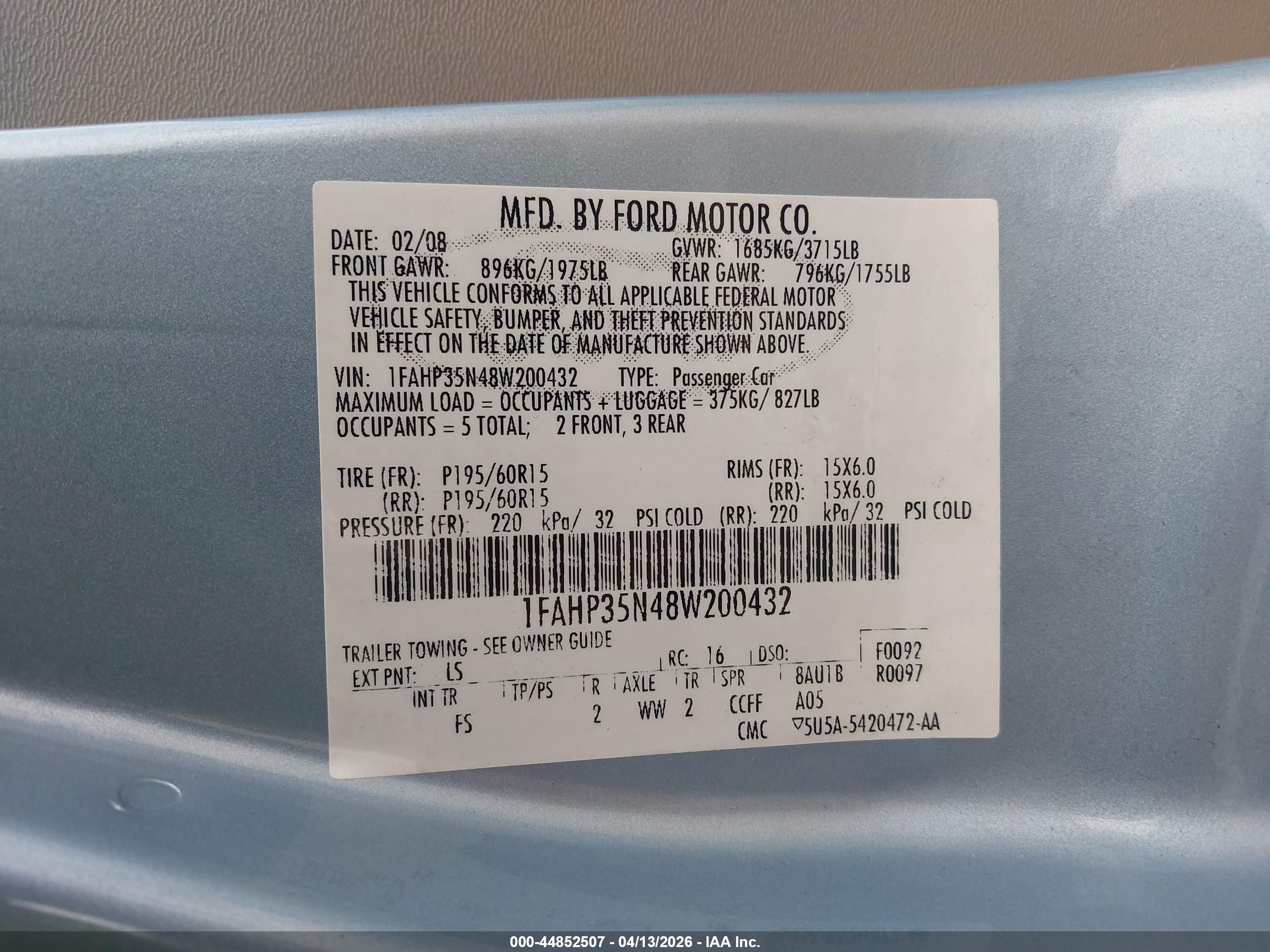 2008 Ford Focus Se/ses Light Blue vin: 1FAHP35N48W200432