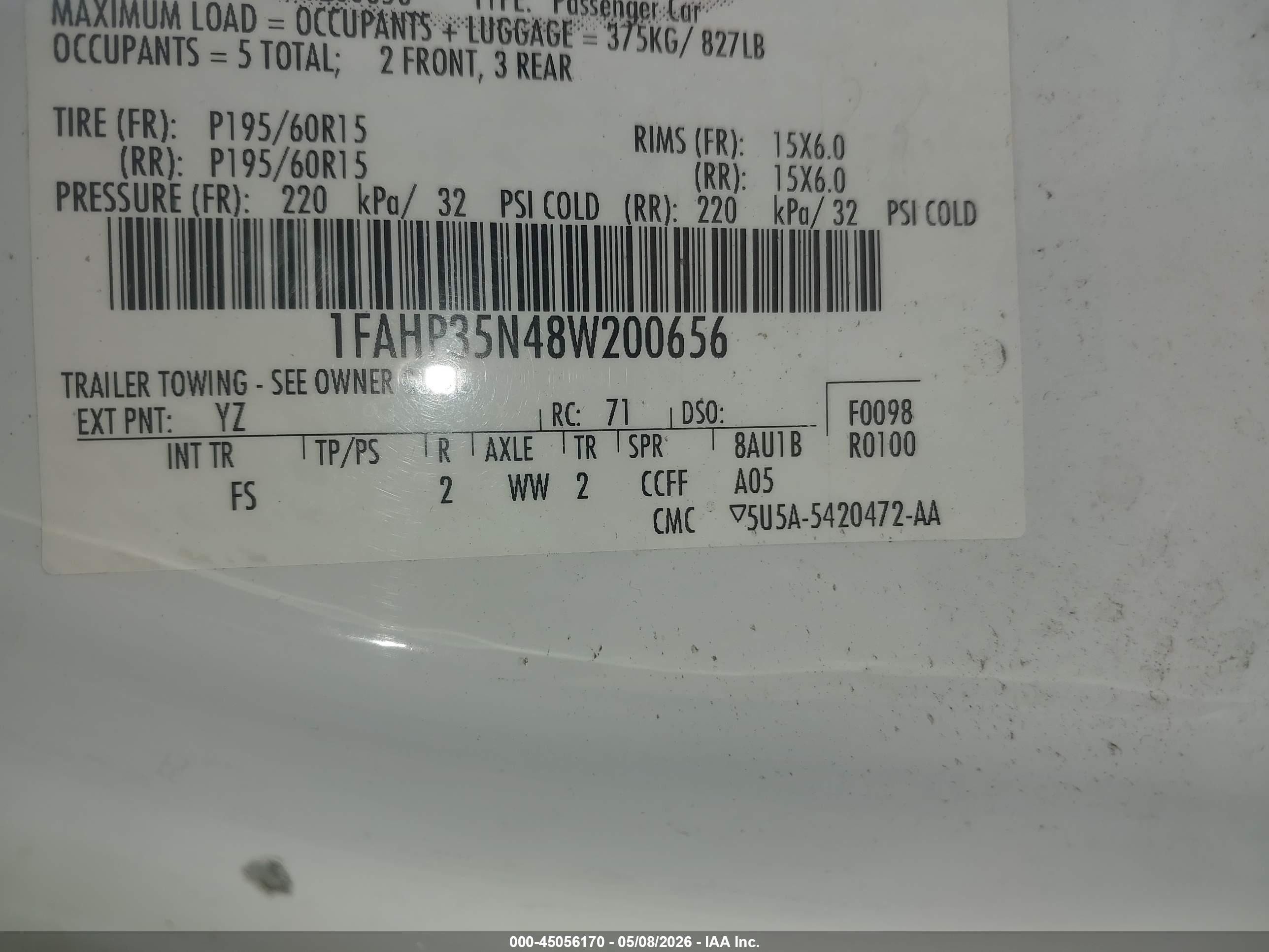2008 Ford Focus Se/ses White vin: 1FAHP35N48W200656