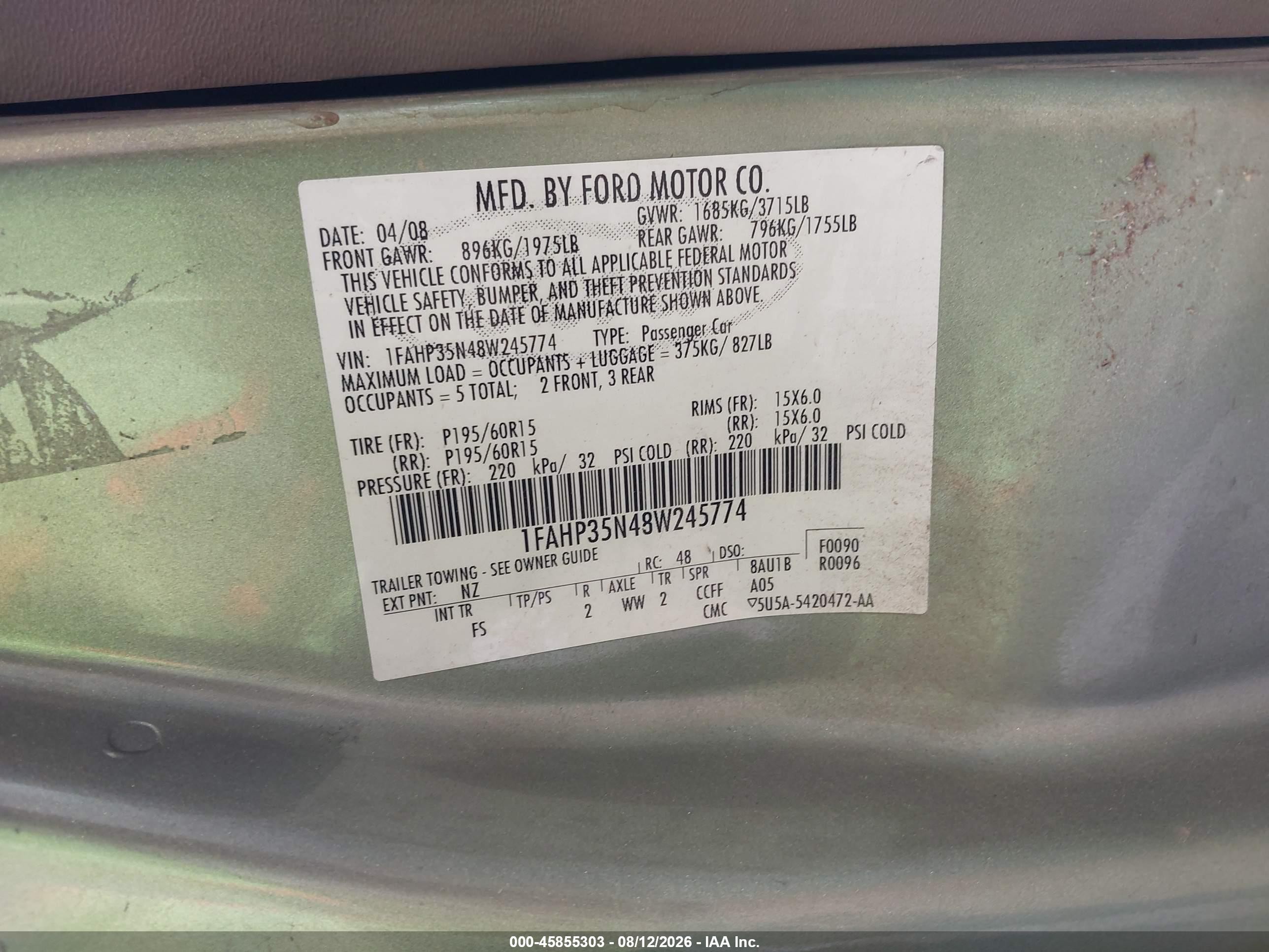 2008 Ford Focus Se Green vin: 1FAHP35N48W245774