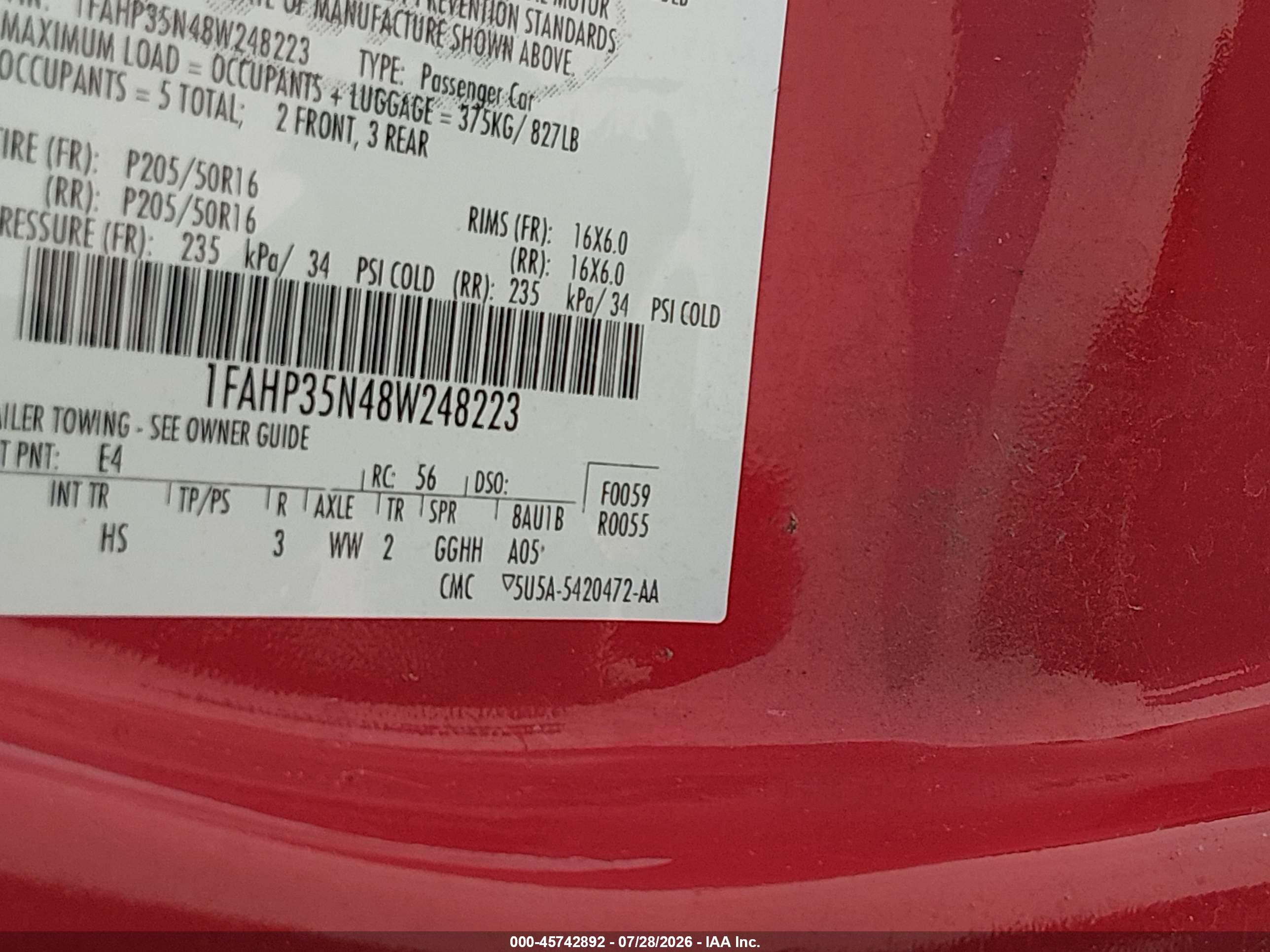 2008 Ford Focus Se/ses Red vin: 1FAHP35N48W248223