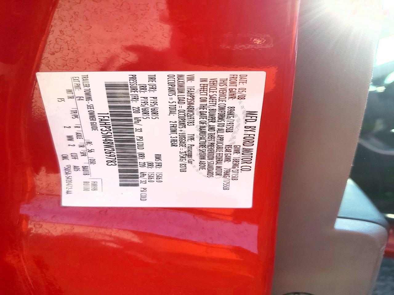 2008 Ford Focus Se Red vin: 1FAHP35N48W269783