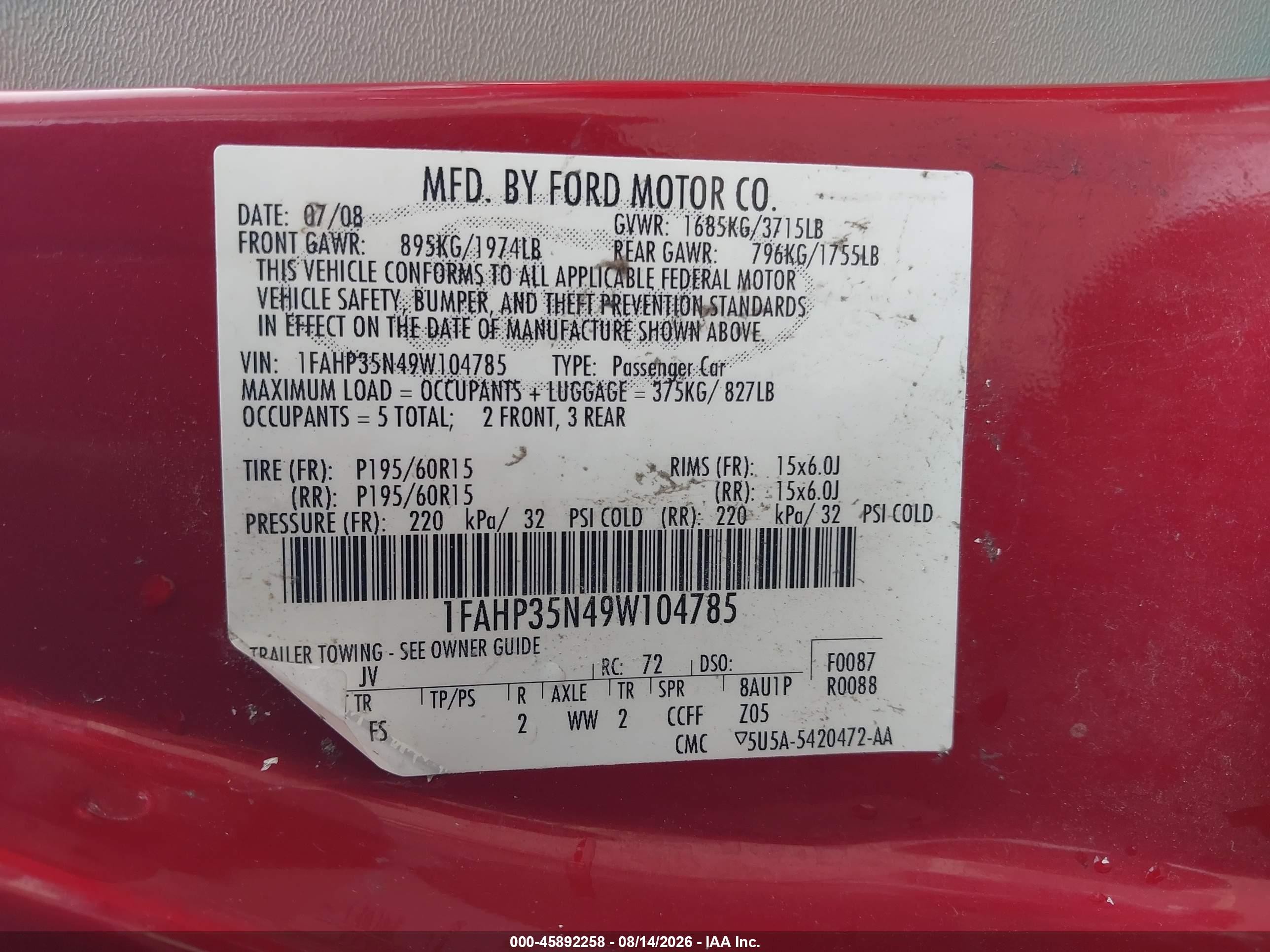 2009 Ford Focus Se Red vin: 1FAHP35N49W104785