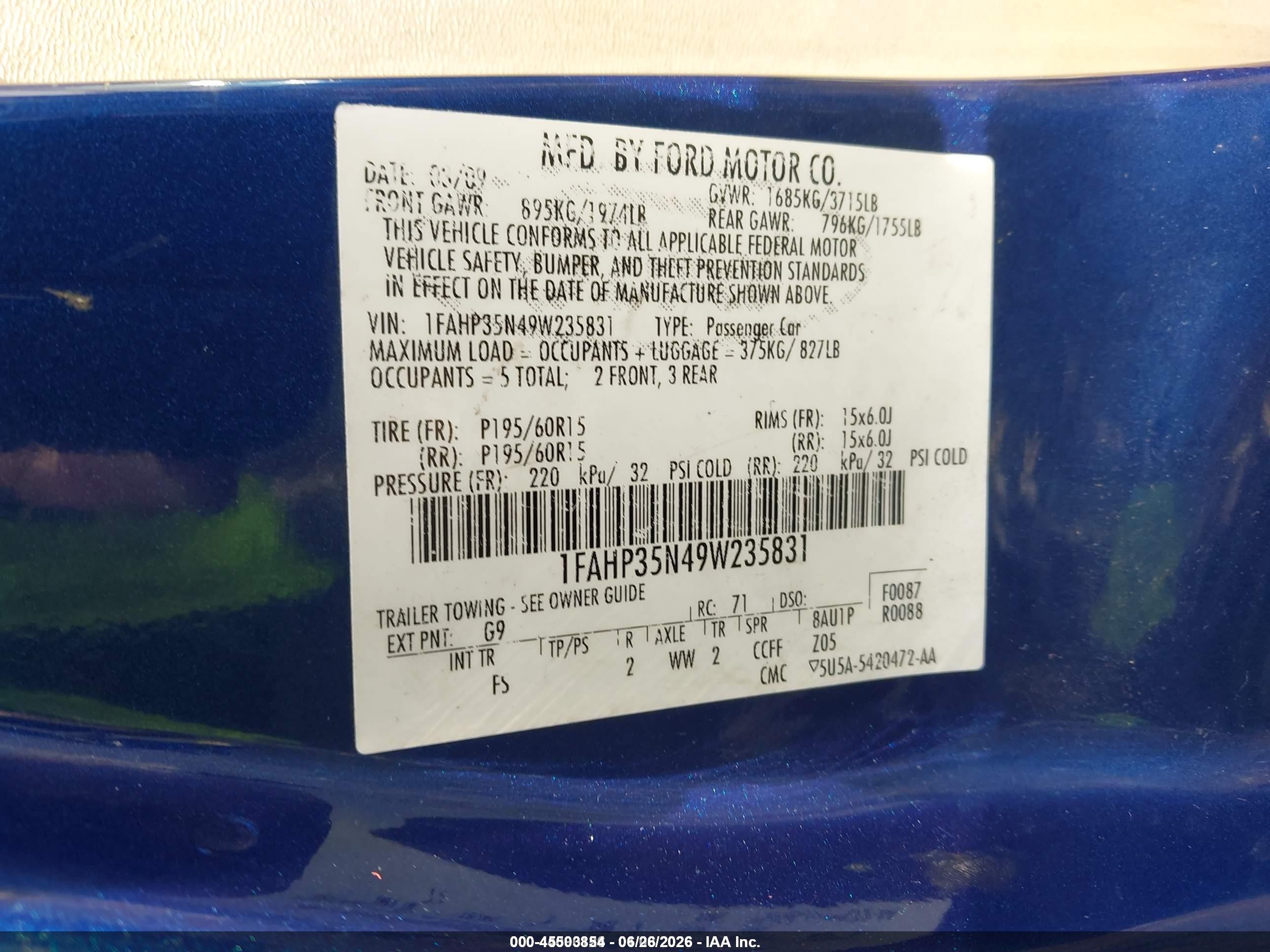 2009 Ford Focus Se Синий vin: 1FAHP35N49W235831