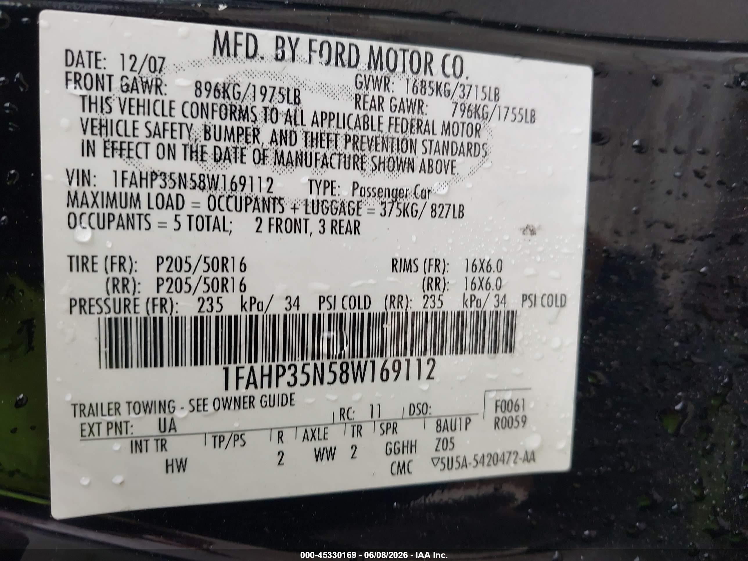 2008 Ford Focus Se/ses Black vin: 1FAHP35N58W169112