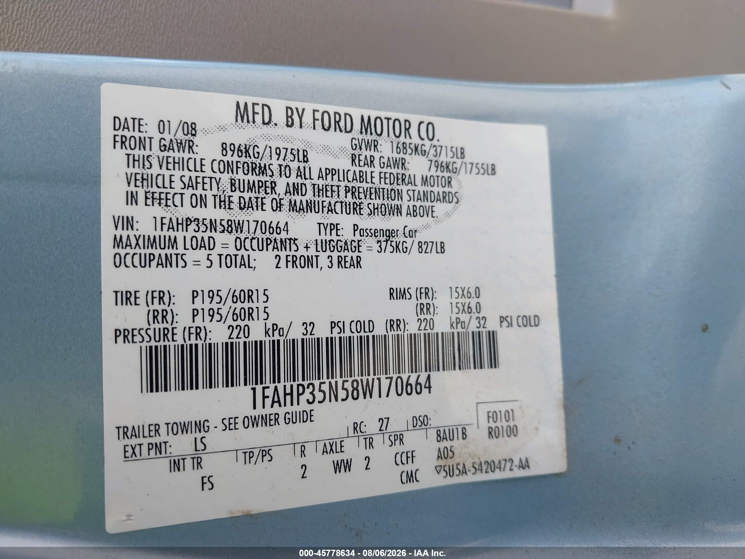 2008 Ford Focus Se/ses Light Blue vin: 1FAHP35N58W170664