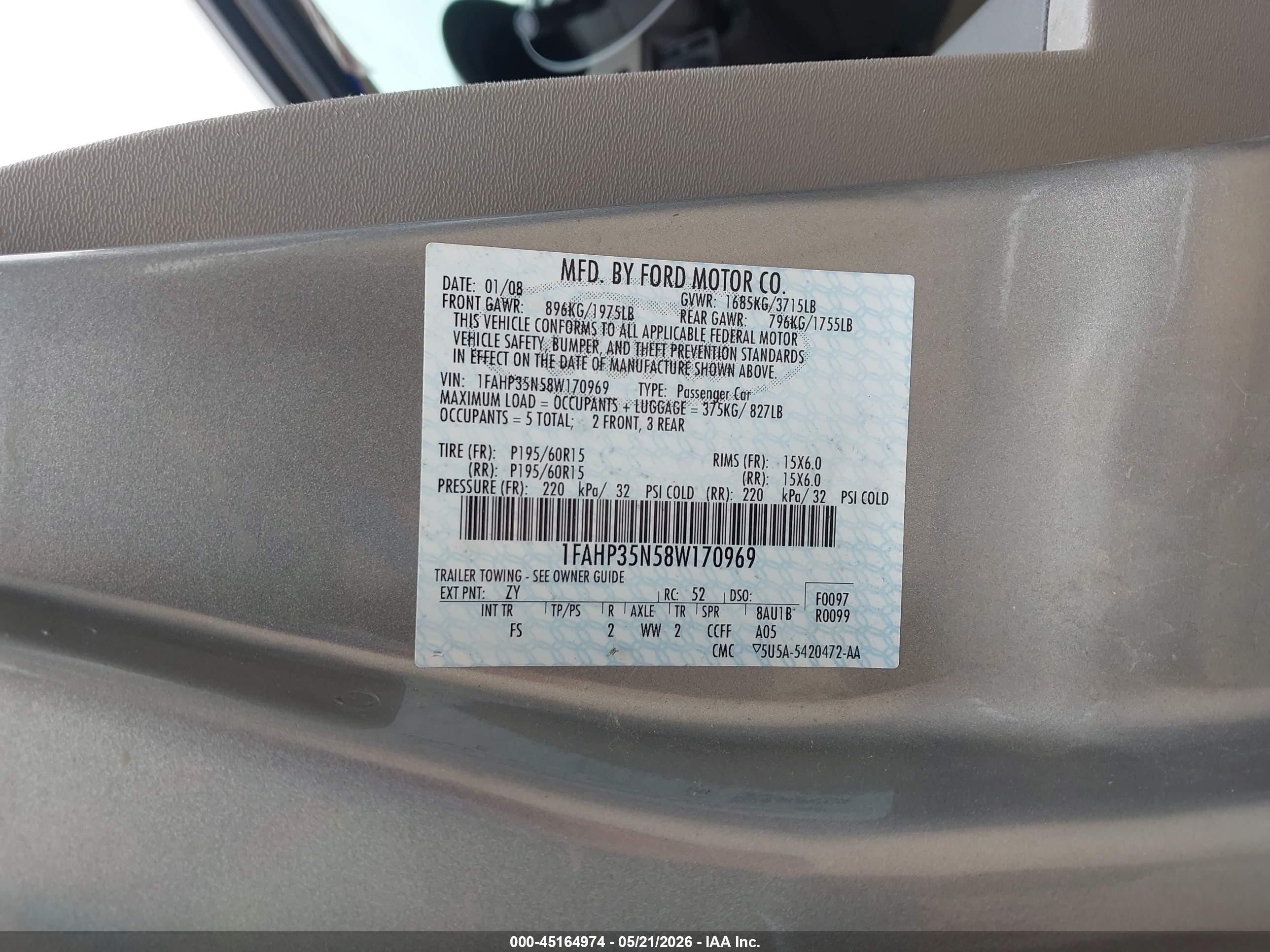 2008 Ford Focus Se/ses Tan vin: 1FAHP35N58W170969